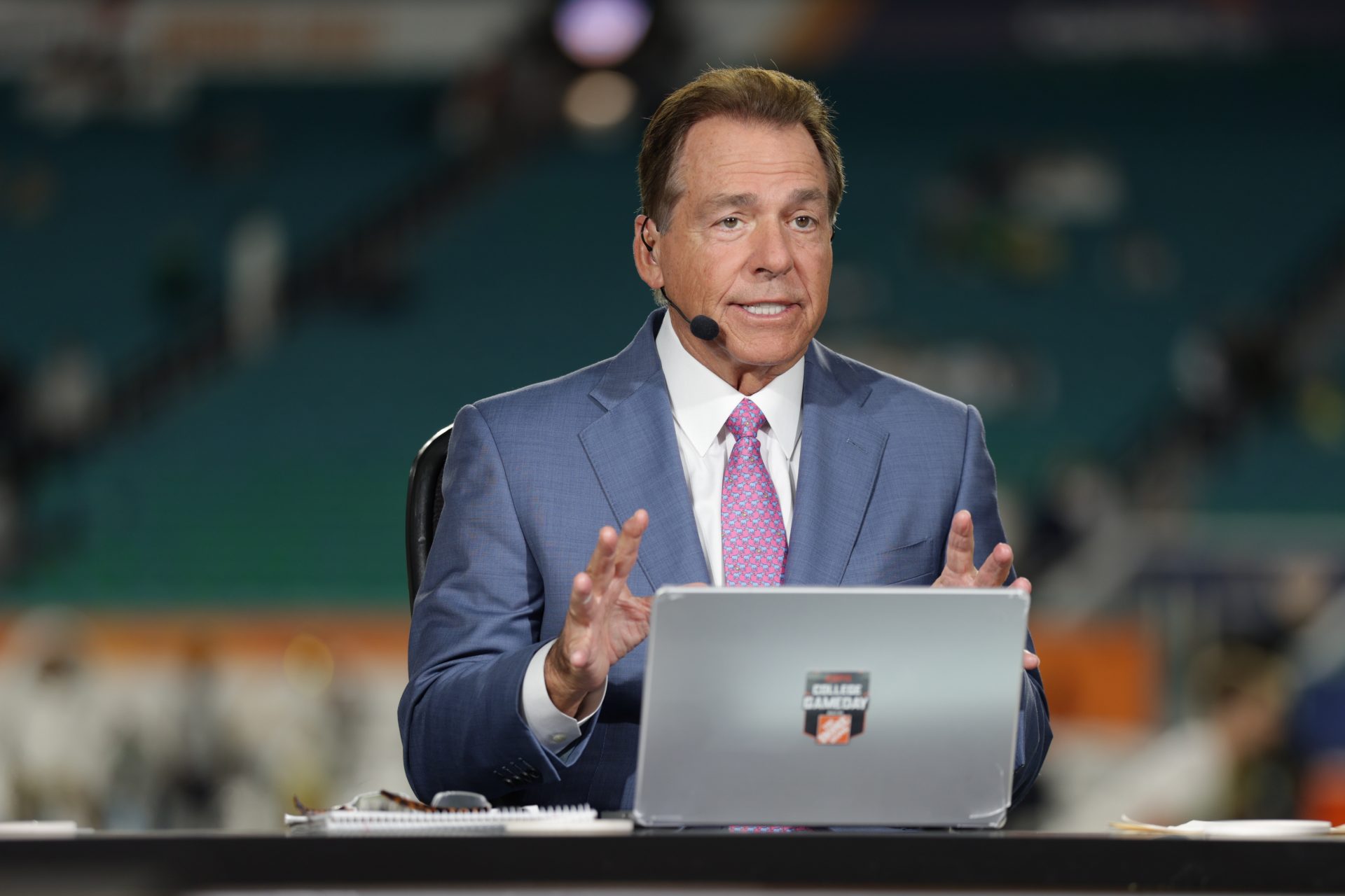 ESPN analyst Nick Saban before the game between the Notre Dame Fighting Irish and the Penn State Nittany Lions in the Orange Bowl at Hard Rock Stadium.