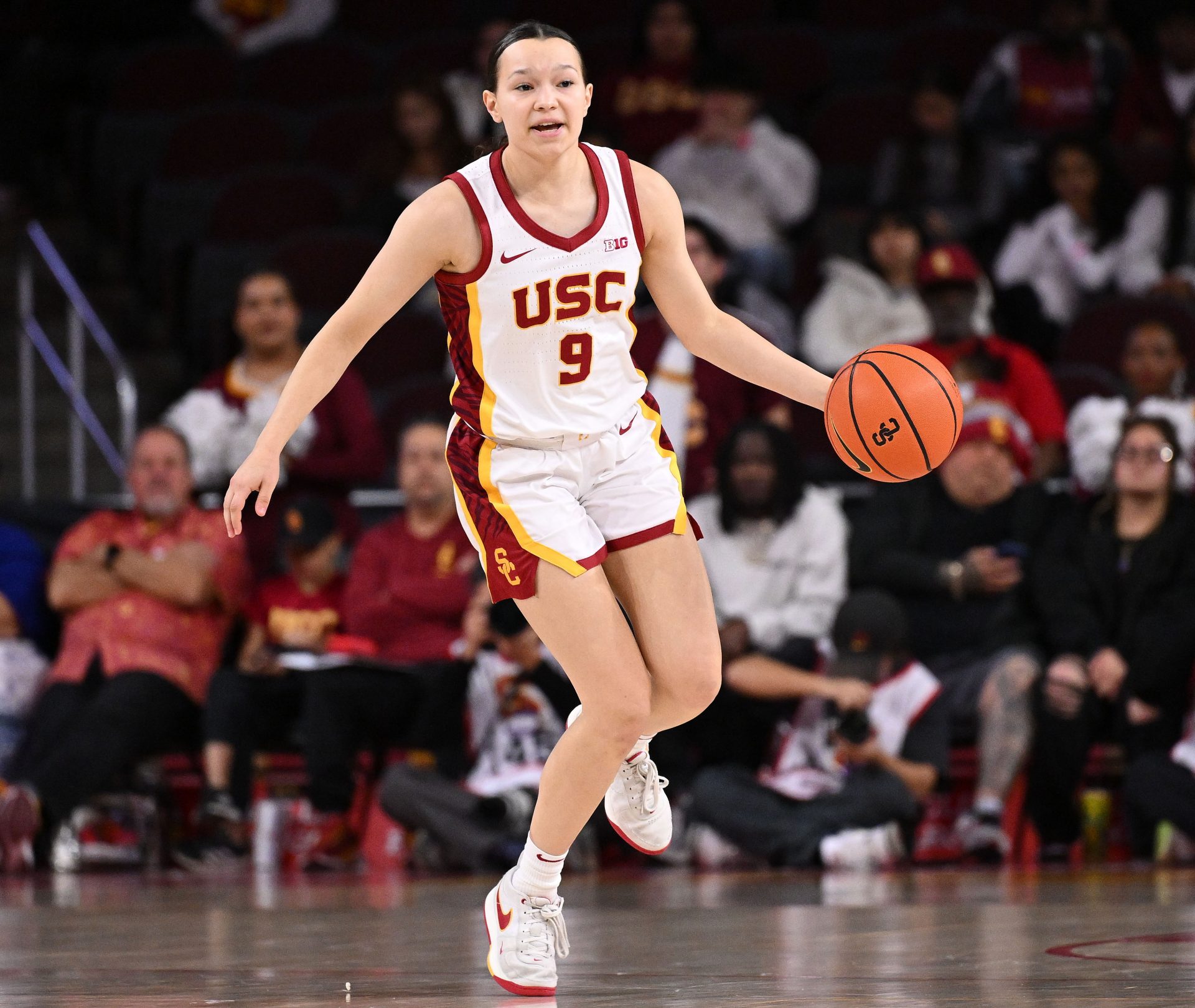 USC Trojans guard Kayleigh Heckel (9) during the third quarter against the Penn State Nittany Lions at Galen Center.