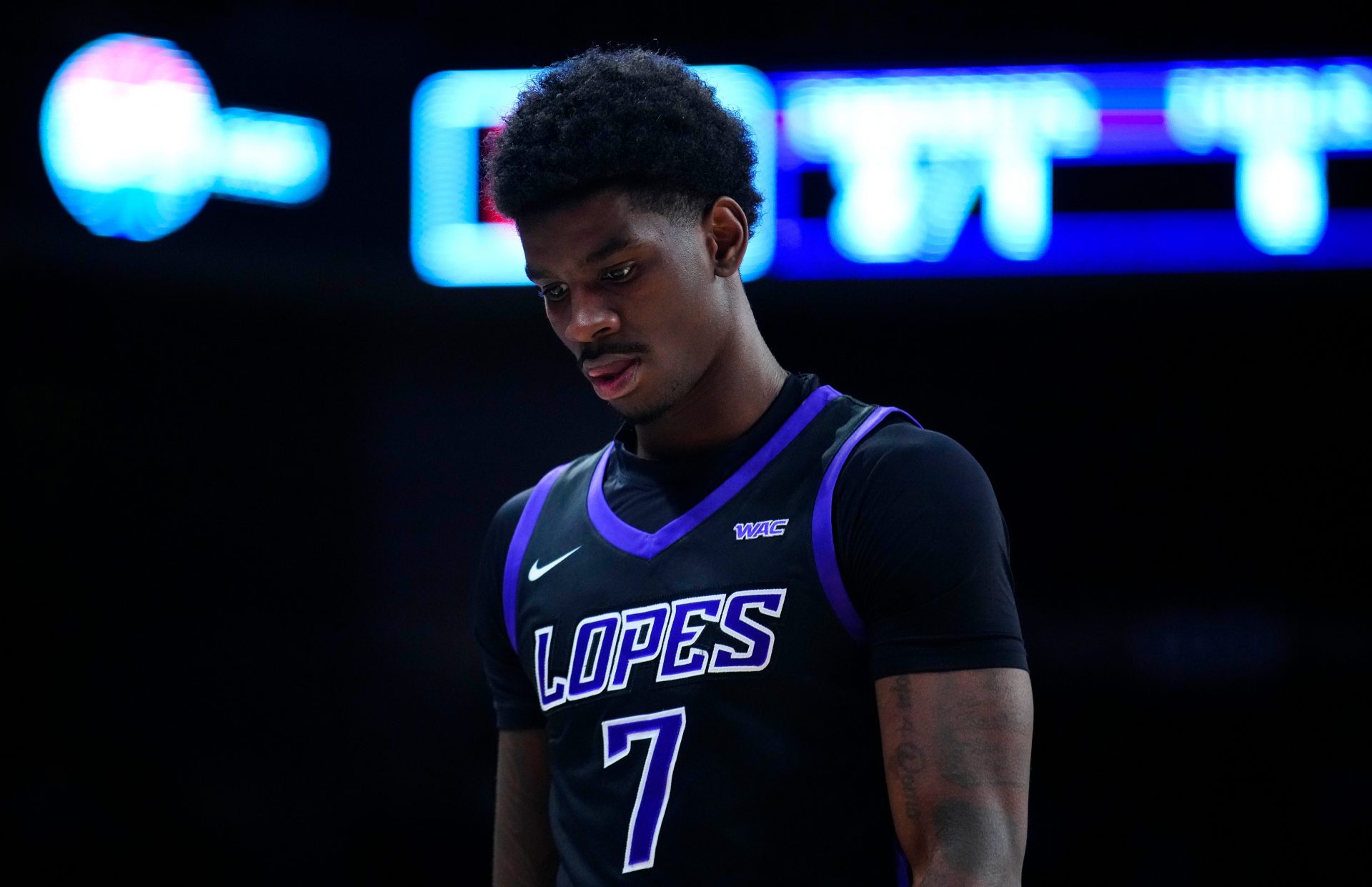 GCU guard Tyon Grant-Foster (7) walks back after a foul call against ACU during a game at Grand Canyon University on Jan. 16, 2025, in Phoenix.