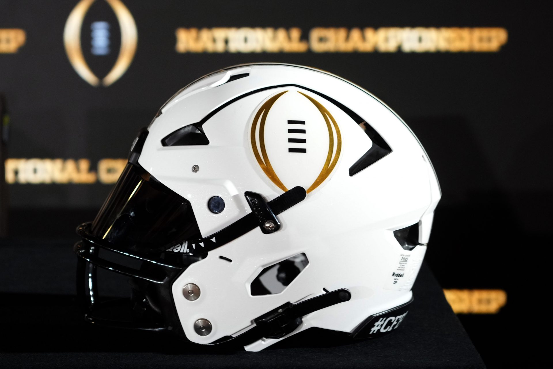 A College Football Playoff logo helmet at a press conference at The Westin Peachtree Plaza, Savannah Ballroom.