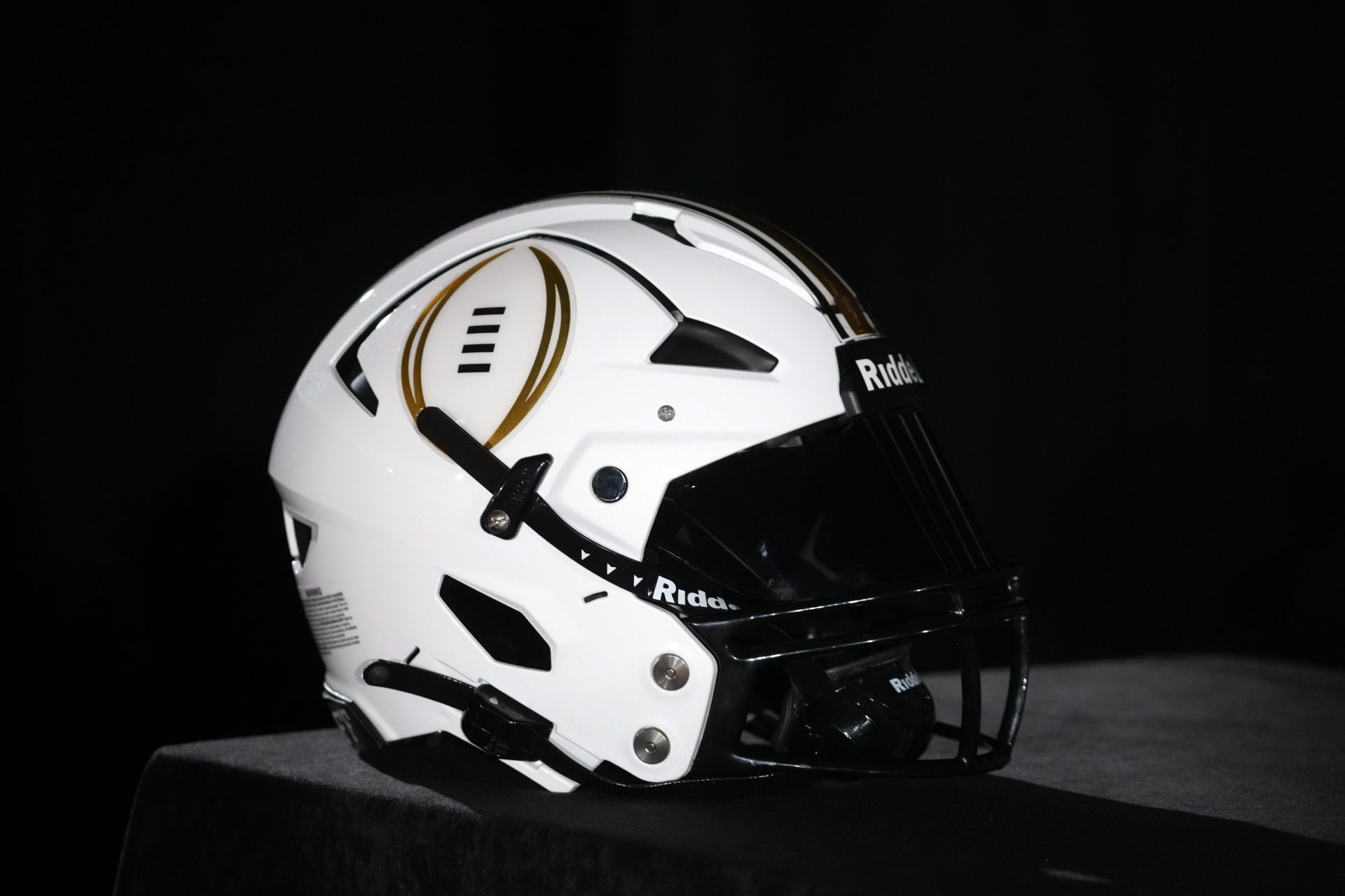 A College Football Playoff logo helmet at a press conference at The Westin Peachtree Plaza, Savannah Ballroom.
