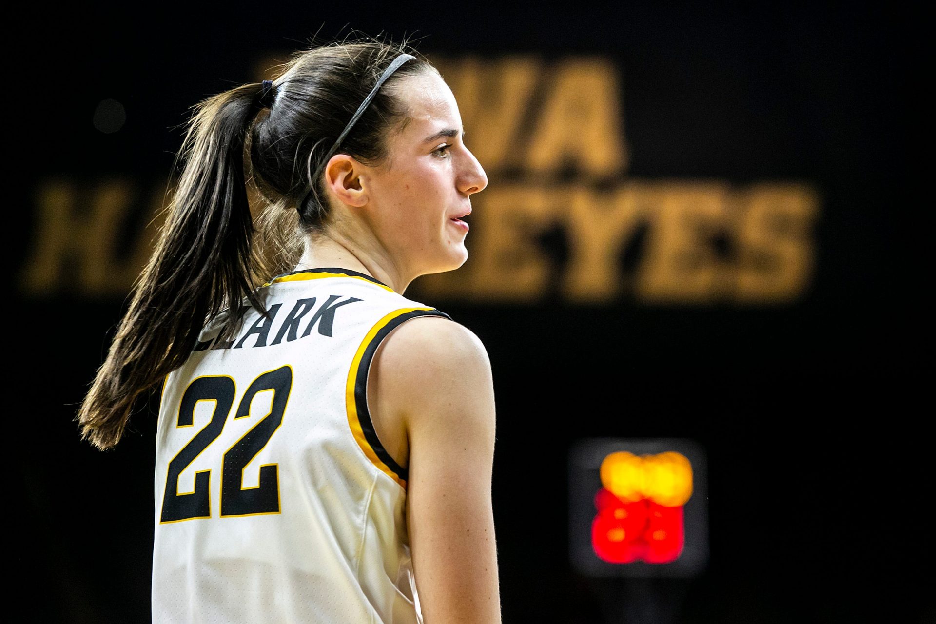 Iowa guard Caitlin Clark (22) reacts during a NCAA non-conference women's basketball game against University of Central Florida, Saturday, Dec. 18, 2021, at Carver-Hawkeye Arena in Iowa City, Iowa.