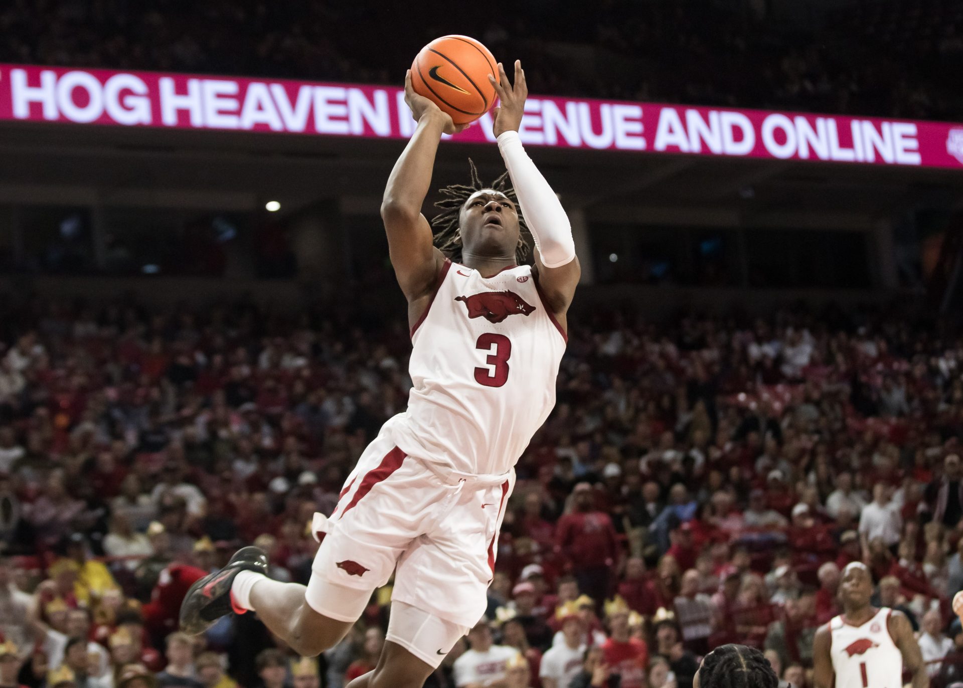 Arkansas Razorbacks forward Adou Thiero (3) goes up for a shot during the second half against the LSU Tigers at Bud Walton Arena. Arkansas won 70-58.