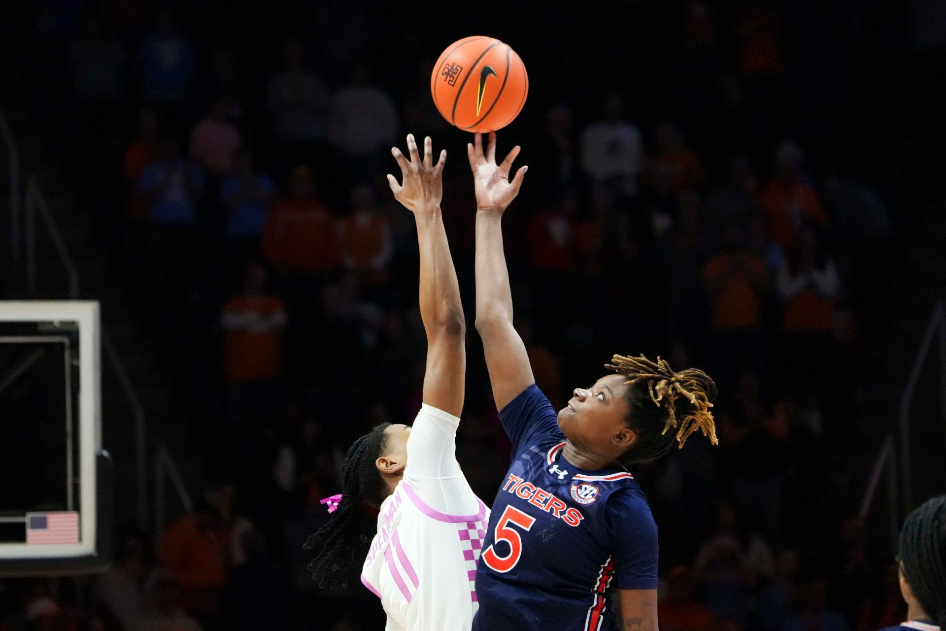 Tennessee forward Zee Spearman (11) and Auburn forward DeYona Gaston (5) reach for the tip-off ball during a women's college basketball game between the Lady Vols and Auburn at Thompson-Boling Arena at Food City Center in Knoxville on Thursday, February 13, 2025.