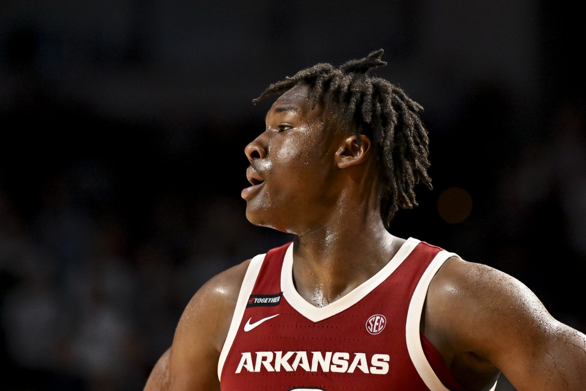 Arkansas Razorbacks forward Adou Thiero (3) looks on in the second half against the Texas A&M Aggies at Reed Arena.