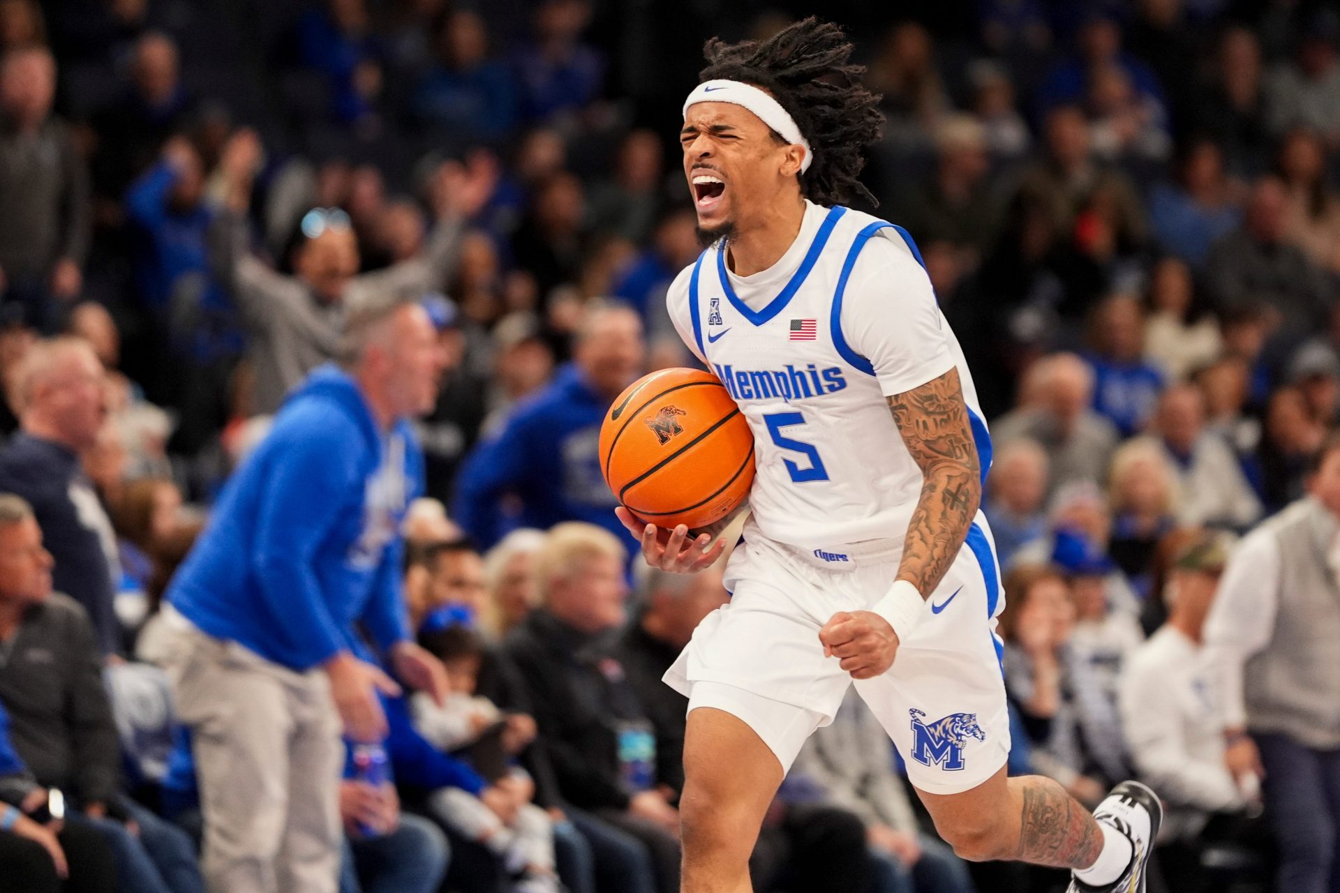 Memphis’ Dante Harris (5) reacts after a foul is called on Memphis as he was making a breakaway to the basket off an ECU turnover during the game between East Carolina University and University of Memphis at FedExForum in Memphis, Tenn., on Saturday, January 11, 2025.