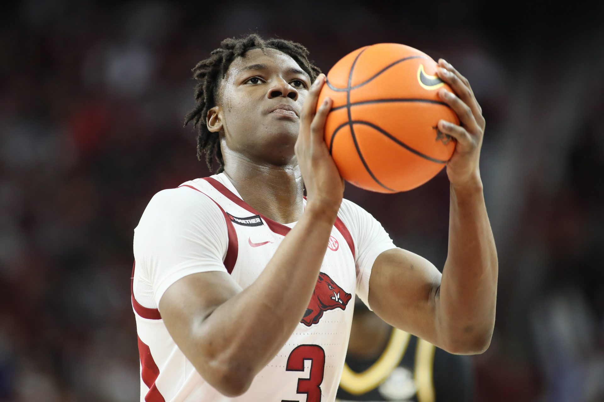 Arkansas Razorbacks forward Adou Thiero (3) shoots a free-throw during the second half against the Missouri Tigers at Bud Walton Arena.