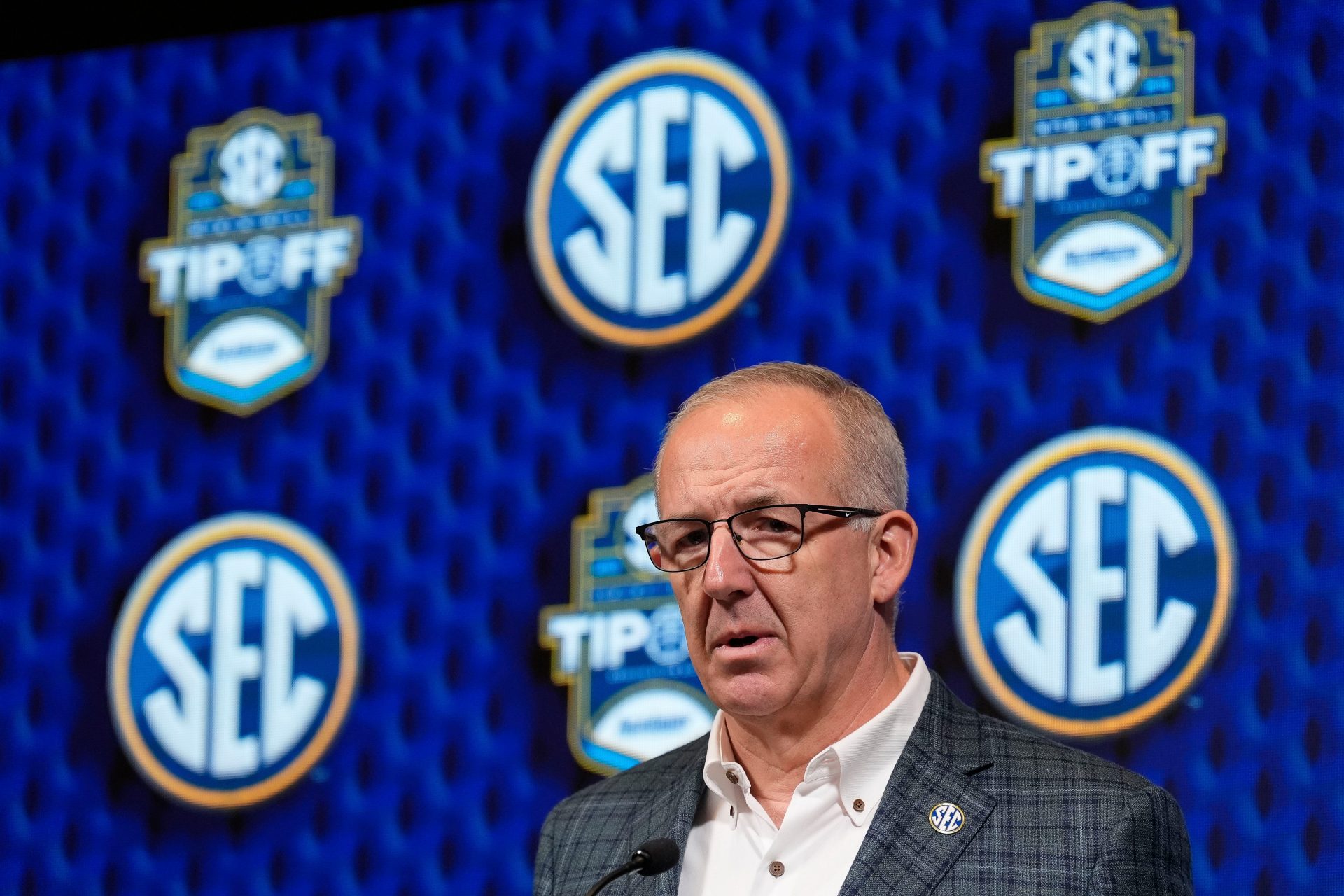 Southeastern Conference commissioner Greg Sankey speaks during SEC Media Day at the Grand Bohemian Hotel in Mountain Brook Tuesday, Oct. 16, 2024.