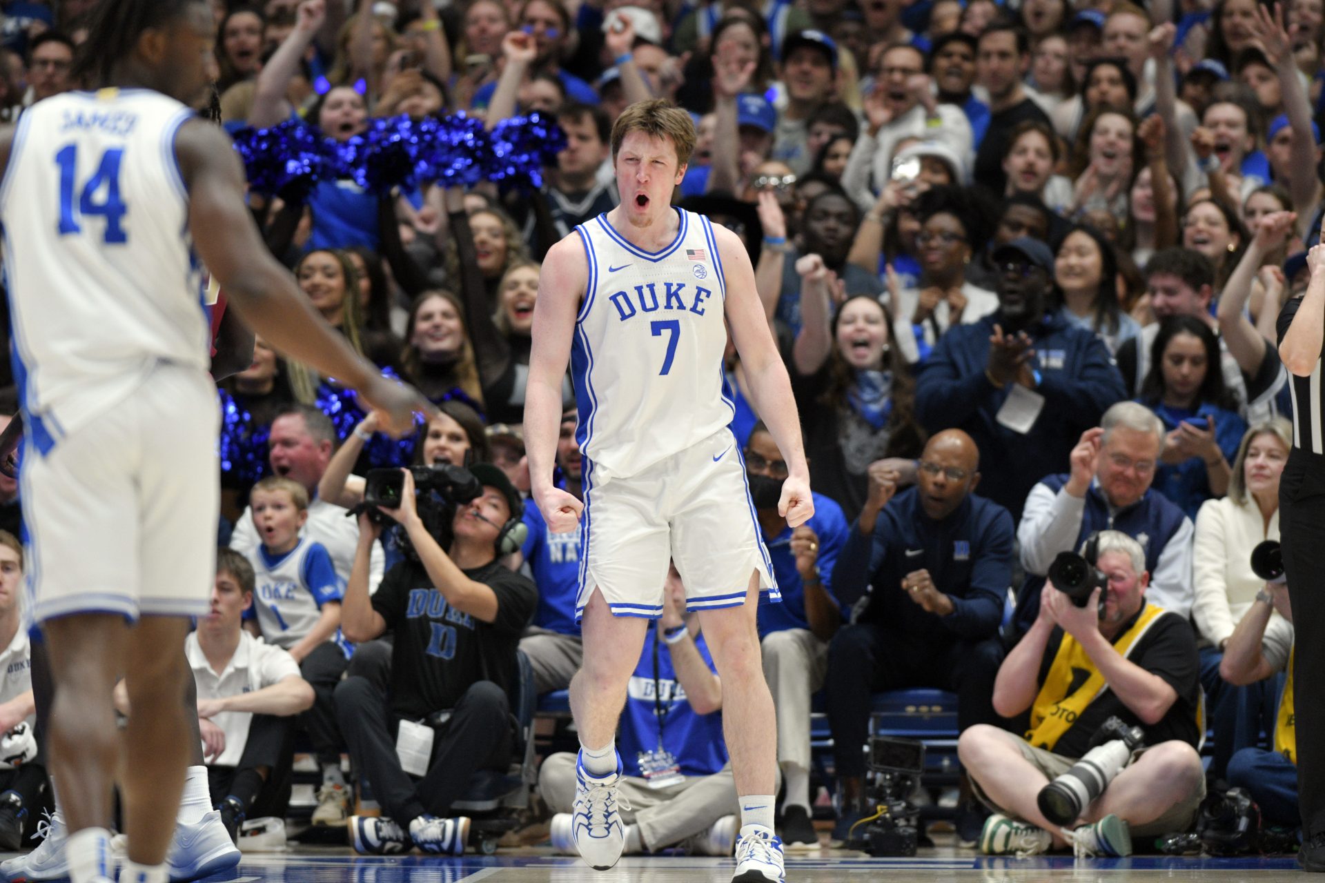 Duke Blue Devils forward Kon Knueppel (7) reacts after scoring during the first half against the Florida State Seminoles at Cameron Indoor Stadium.