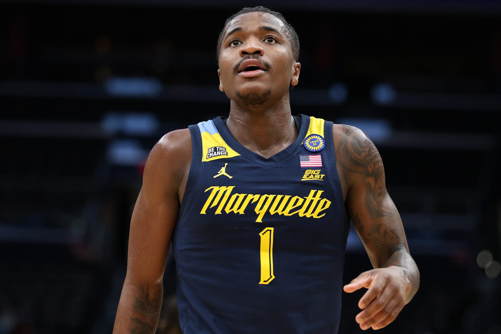 Marquette Golden Eagles guard Kam Jones (1) looks on during the first half against the Georgetown Hoyas at Capital One Arena.