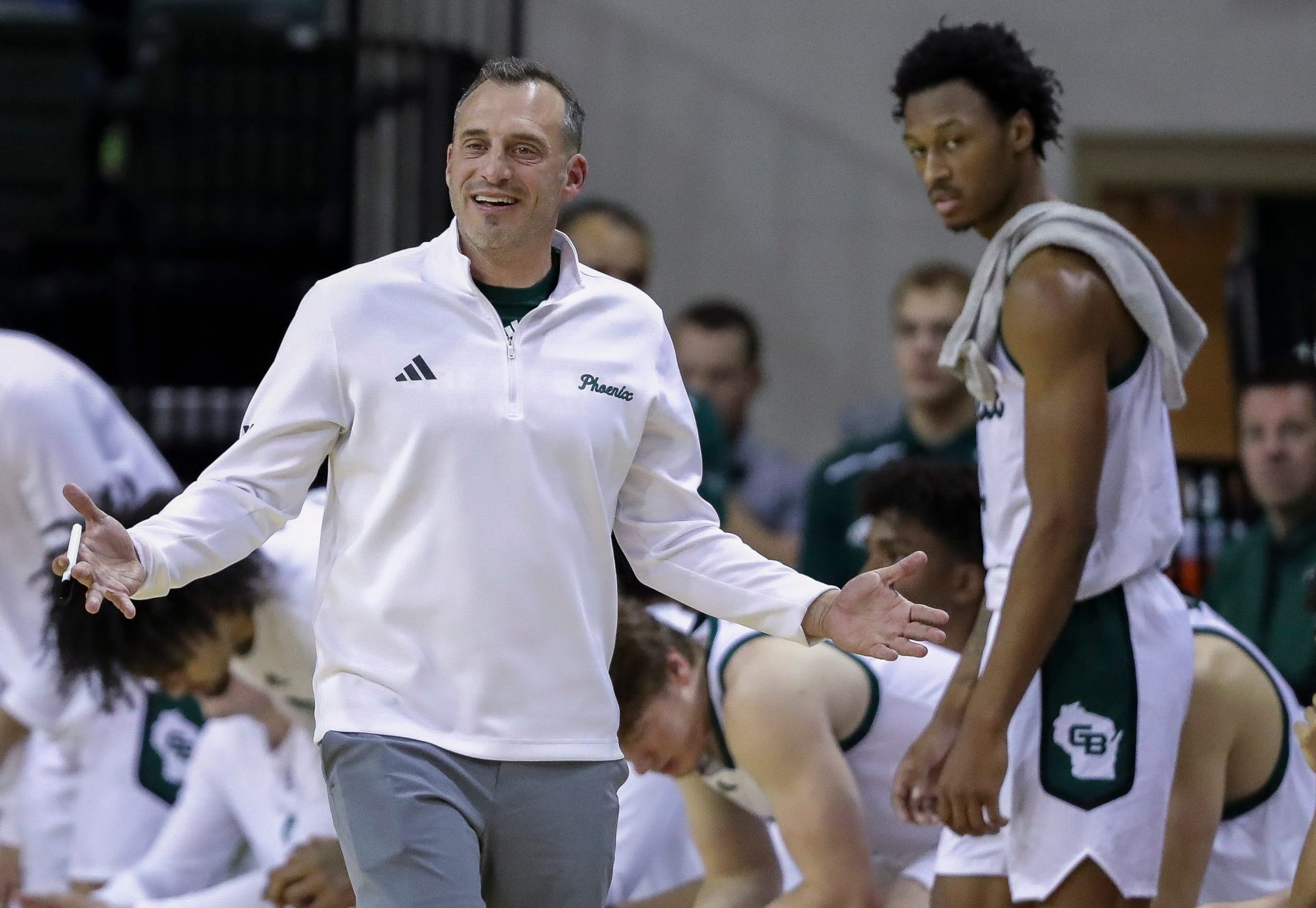 UWGB men's basketball coach Doug Gottlieb reacts to a foul call during a game against St. Thomas on Nov. 8, 2024, at the Kress Events Center in Green Bay.