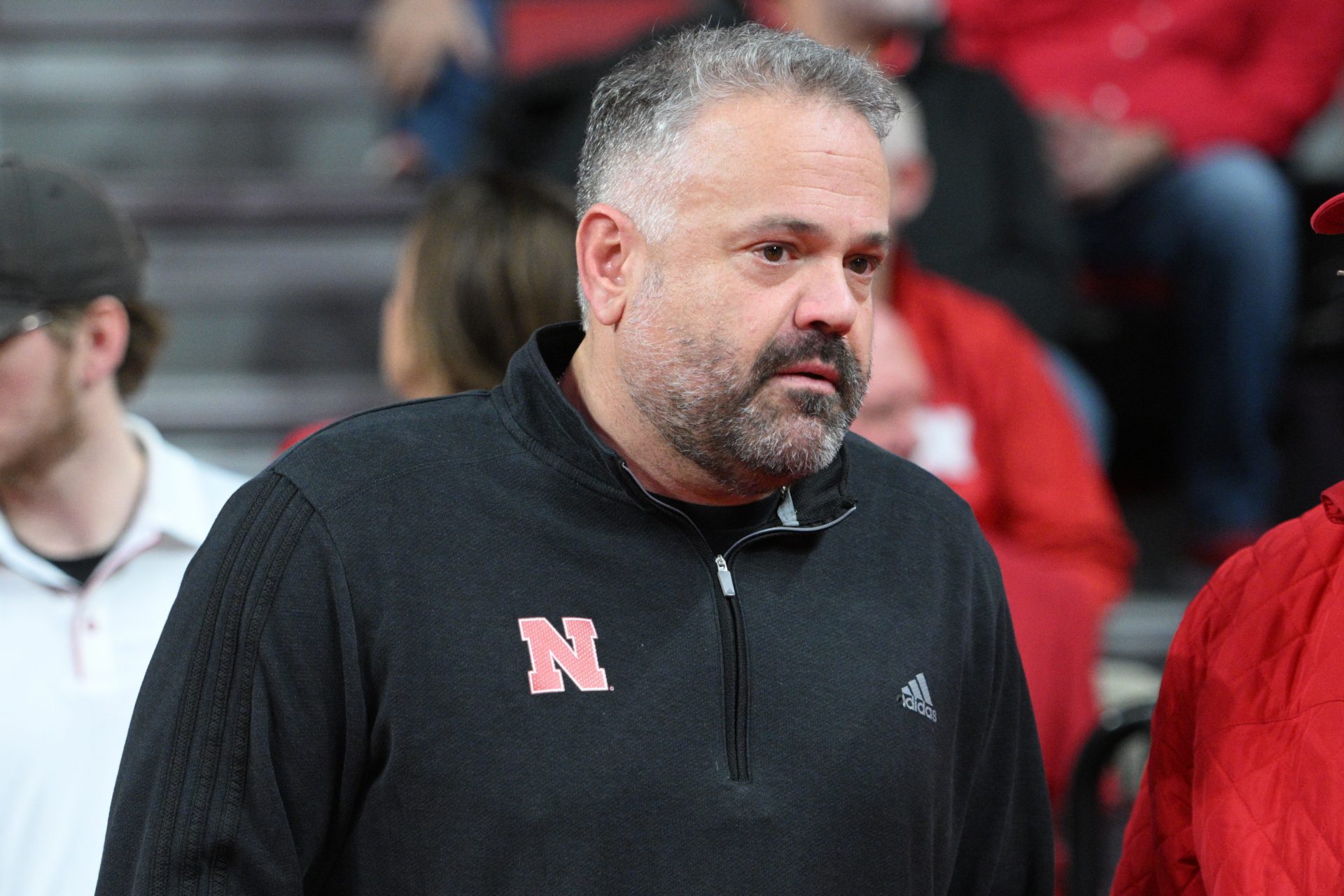 Nebraska Cornhuskers football coach Matt Rhule watches the game between the Nebraska Cornhuskers and the Minnesota Golden Gophers during the first half at Pinnacle Bank Arena.