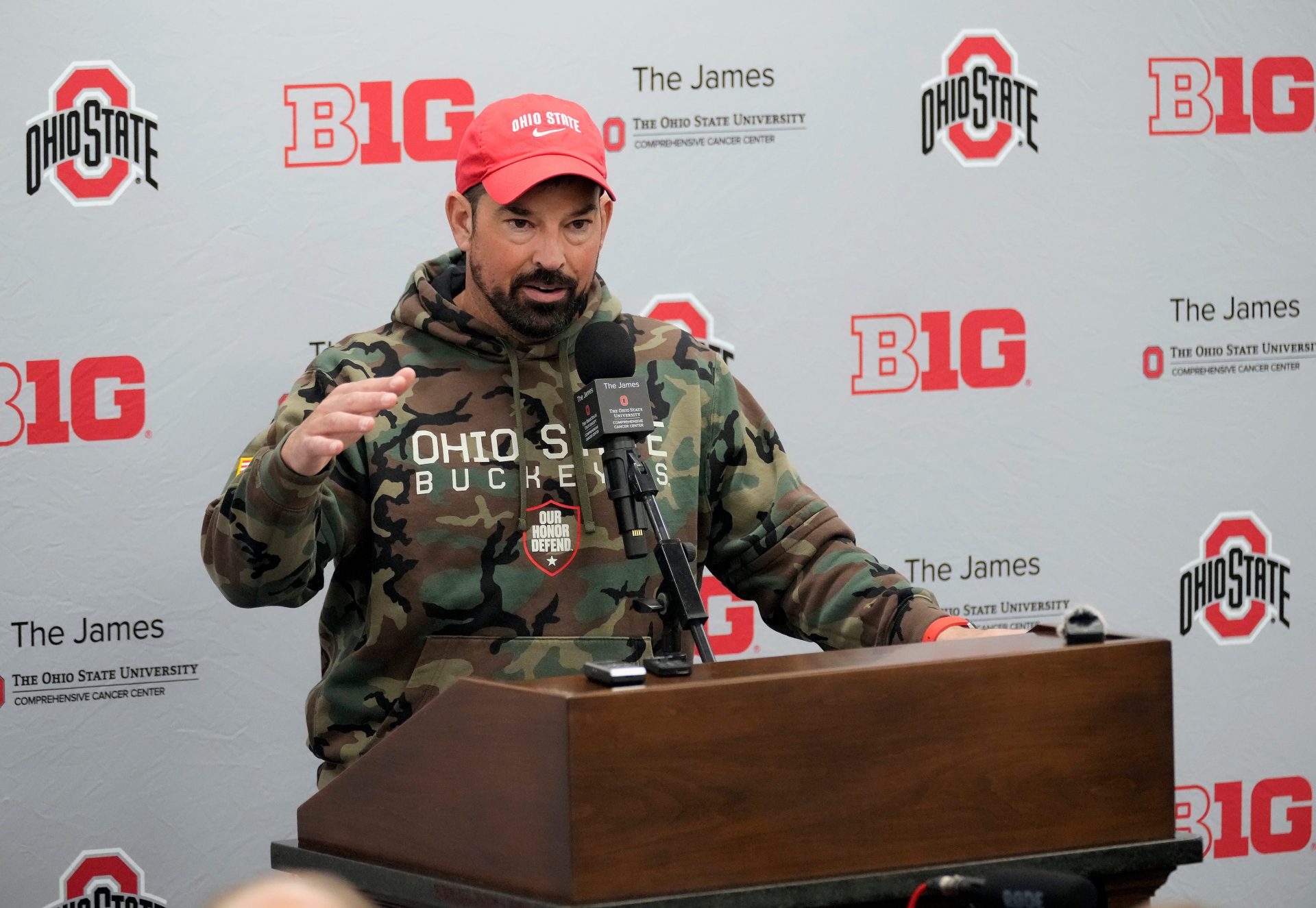 Ohio State head coach Ryan Day speaks to the meeting during a press conference before the start of spring football at the Woody Hayes Athletic Center on March 7, 2025.