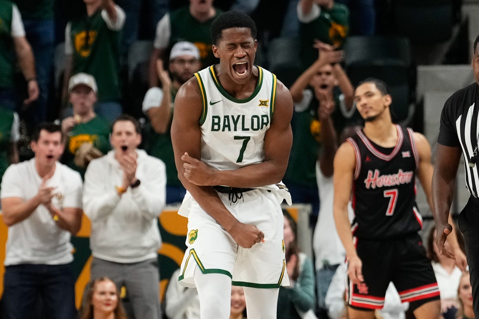 Baylor Bears guard VJ Edgecombe (7) reacts after a play against the Houston Cougars during the second half at Paul and Alejandra Foster Pavilion.