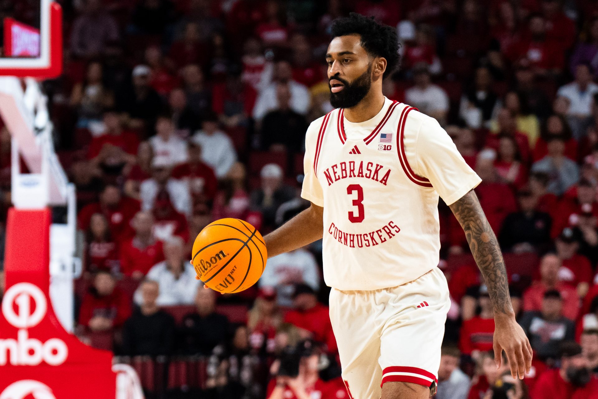 Nebraska Cornhuskers guard Brice Williams (3) dribbles against the Iowa Hawkeyes during the first half at Pinnacle Bank Arena.
