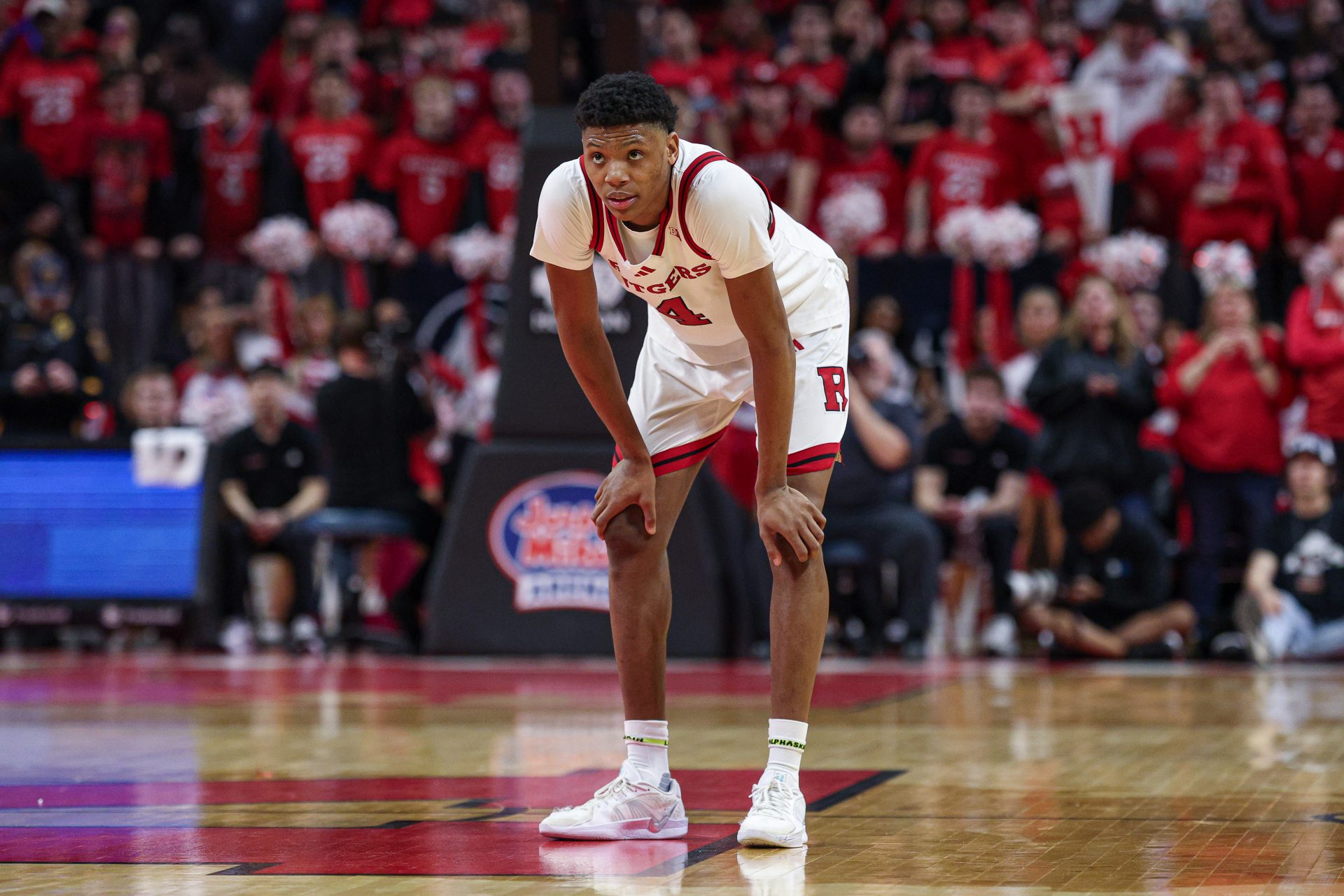Rutgers Scarlet Knights guard Ace Bailey (4) look up during overtime against the Minnesota Golden Gophers at Jersey Mike's Arena.