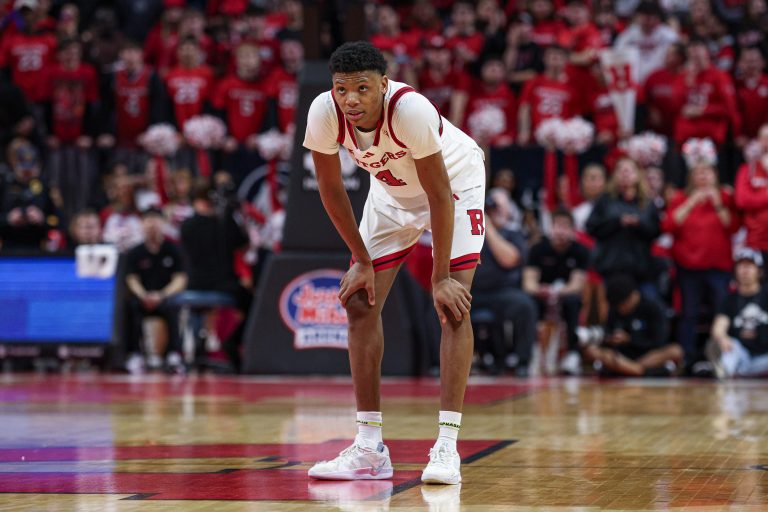 Rutgers Scarlet Knights guard Ace Bailey (4) look up during overtime against the Minnesota Golden Gophers at Jersey Mike's Arena.