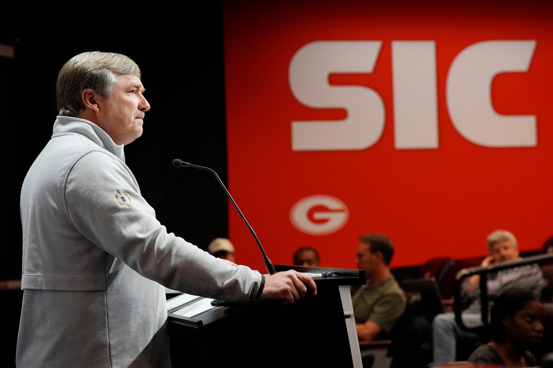 Georgia coach Kirby Smart speaks to the media on the first day of spring practice in Athens, Ga., on Tuesday, March 11, 2025.