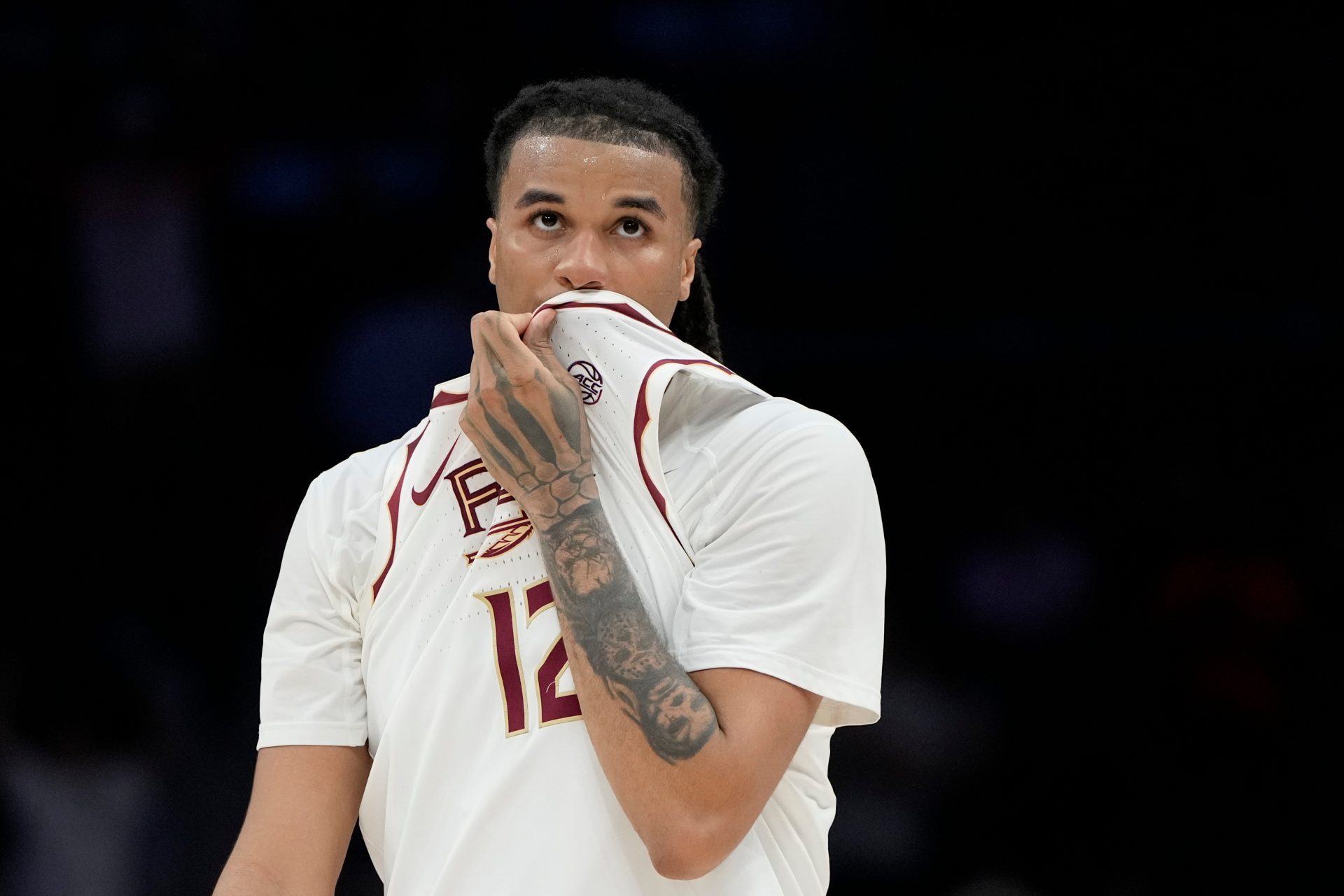 Florida State Seminoles forward Malique Ewin (12) reacts in the second half at Spectrum Center.