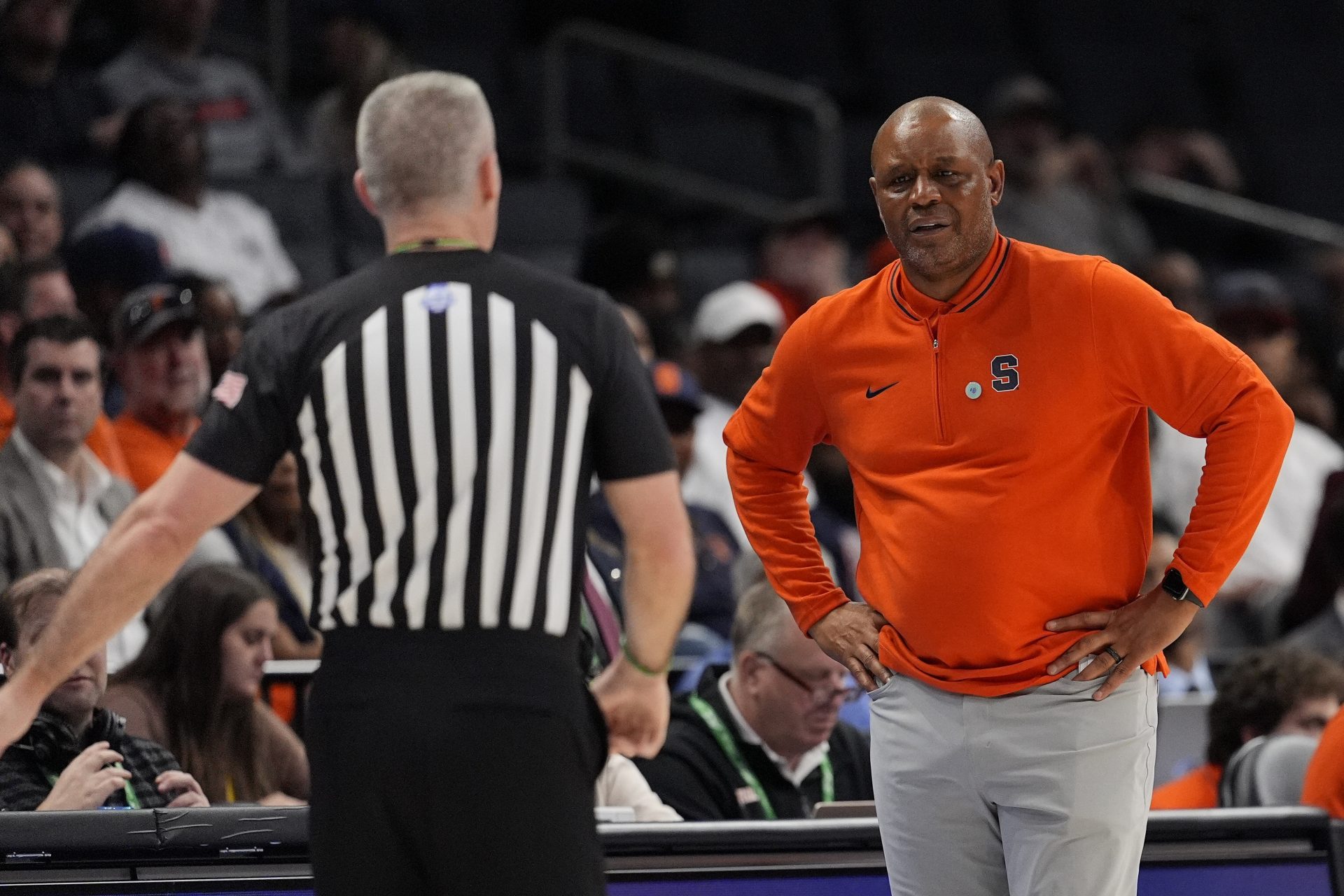 Syracuse Orange head coach Adrian Autrey reacts to a call by the official during the second half against the Southern Methodist Mustangs at Spectrum Center.