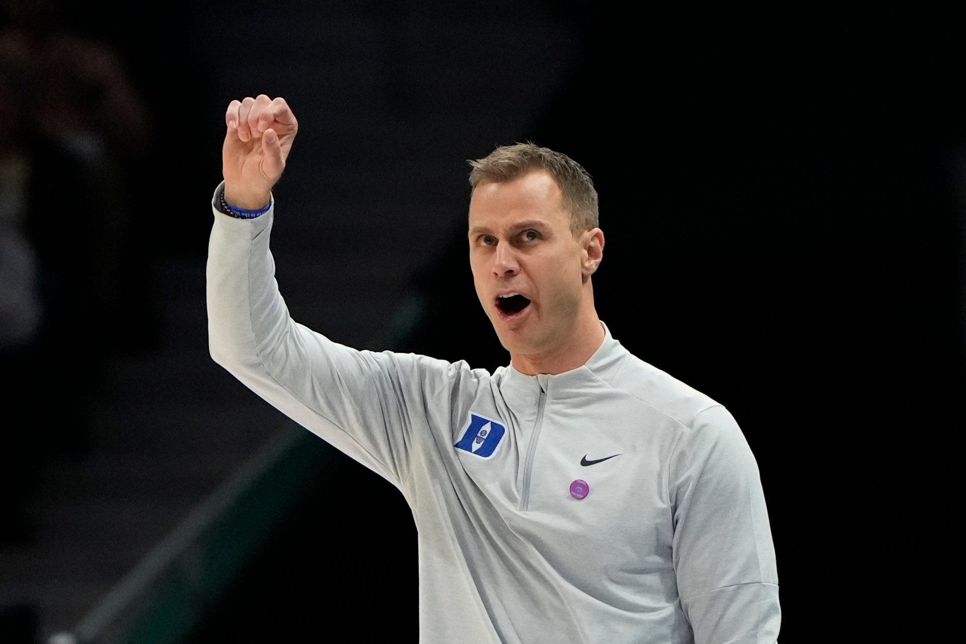 Duke Blue Devils head coach Jon Scheyer reacts in the first half at Spectrum Center.
