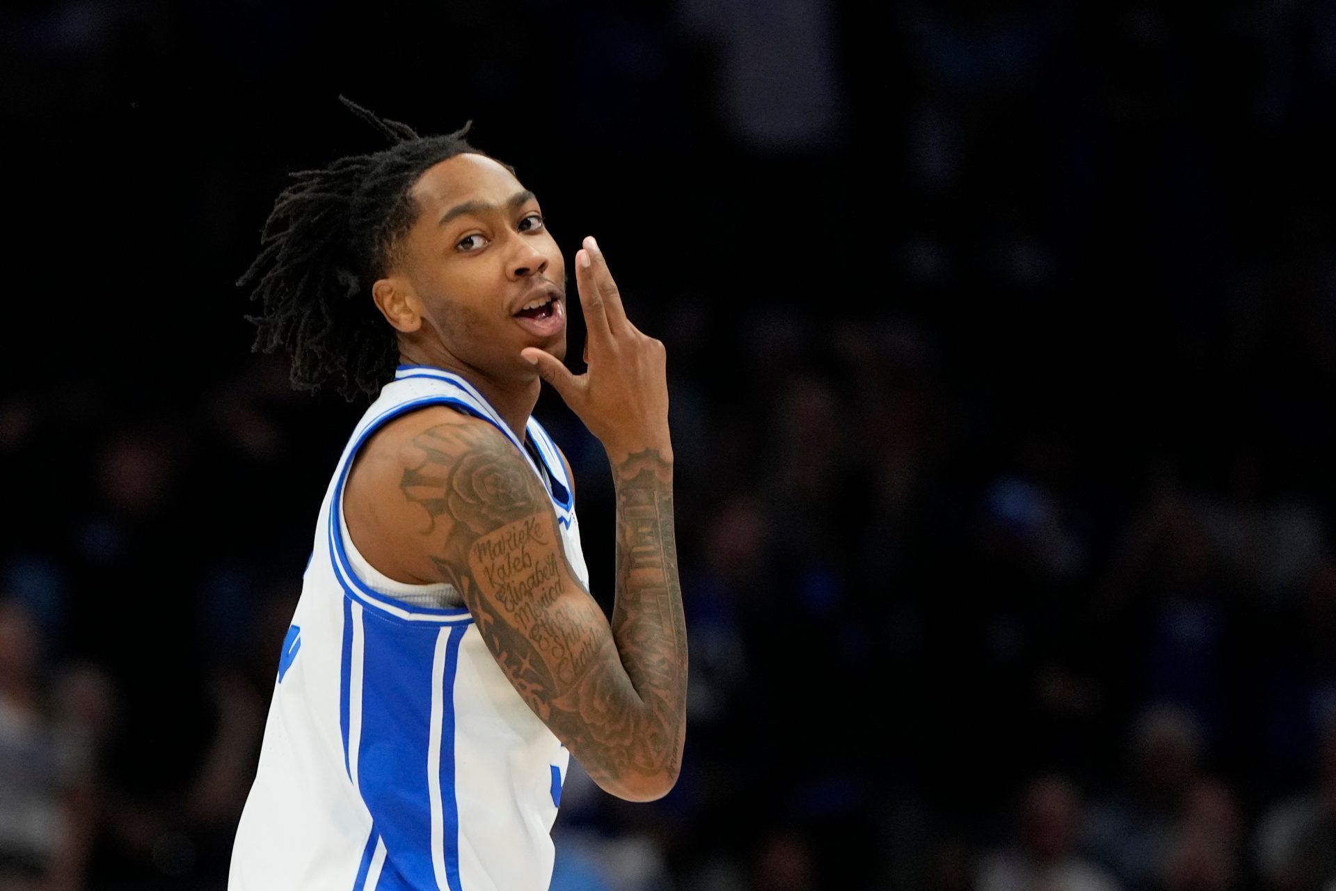 Duke Blue Devils guard Isaiah Evans (3) reacts after hitting a three point shot in the first half at Spectrum Center.