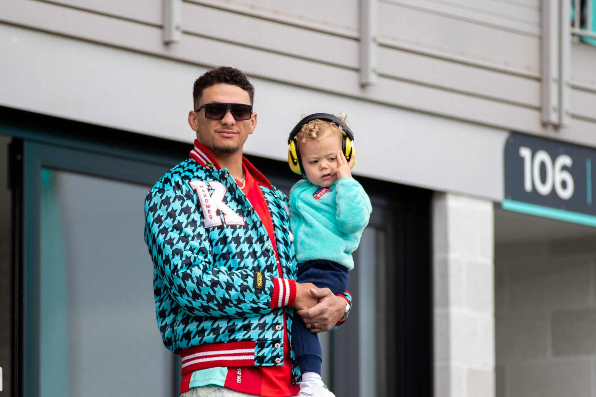 Kansas City Chiefs quarterback Patrick Mahomes attends the match between the KC Current and the Portland Thorns FC at CPKC Stadium.