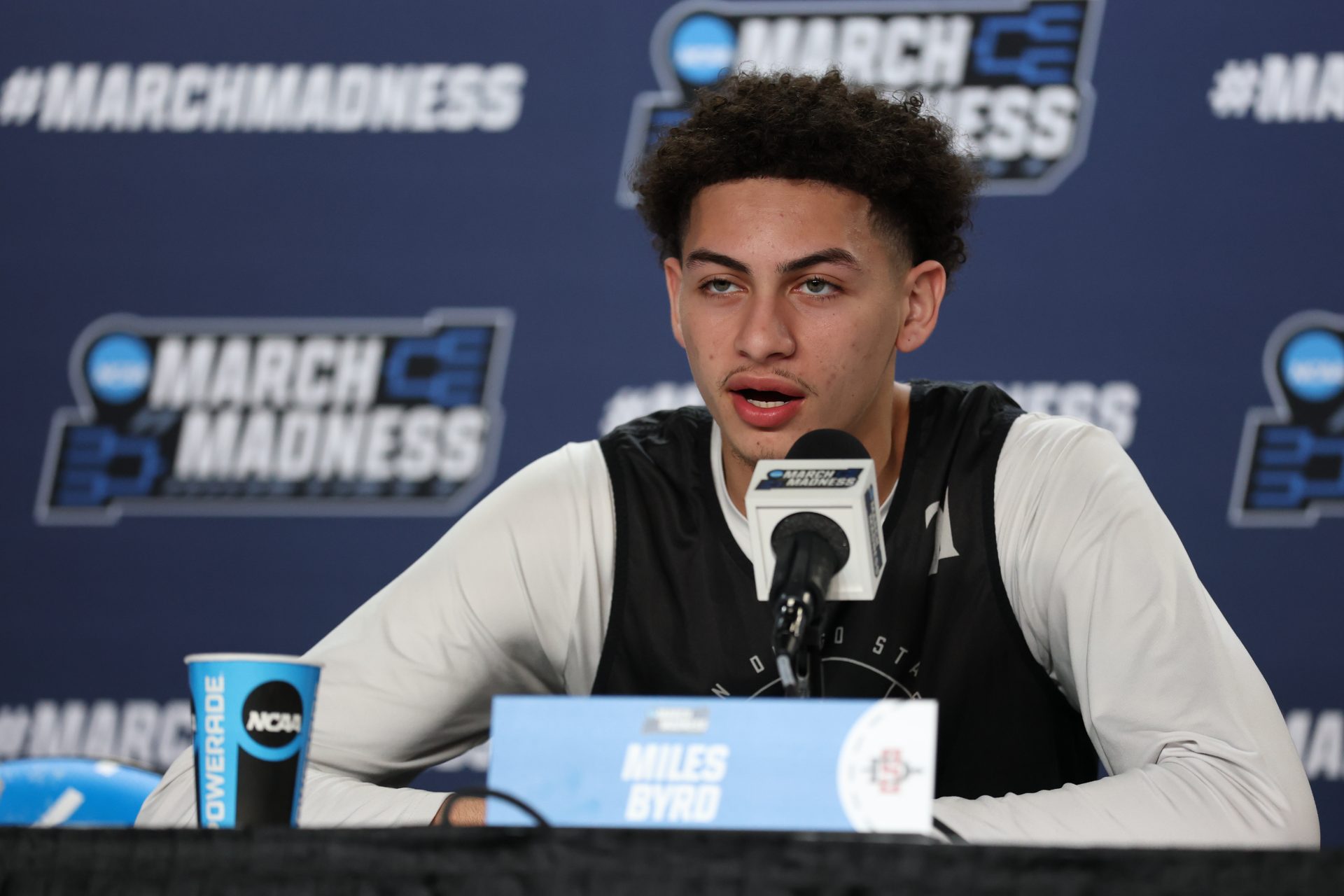San Diego State Aztecs guard Miles Byrd (21) speaks with the media during the First Four Practice at UD Arena.