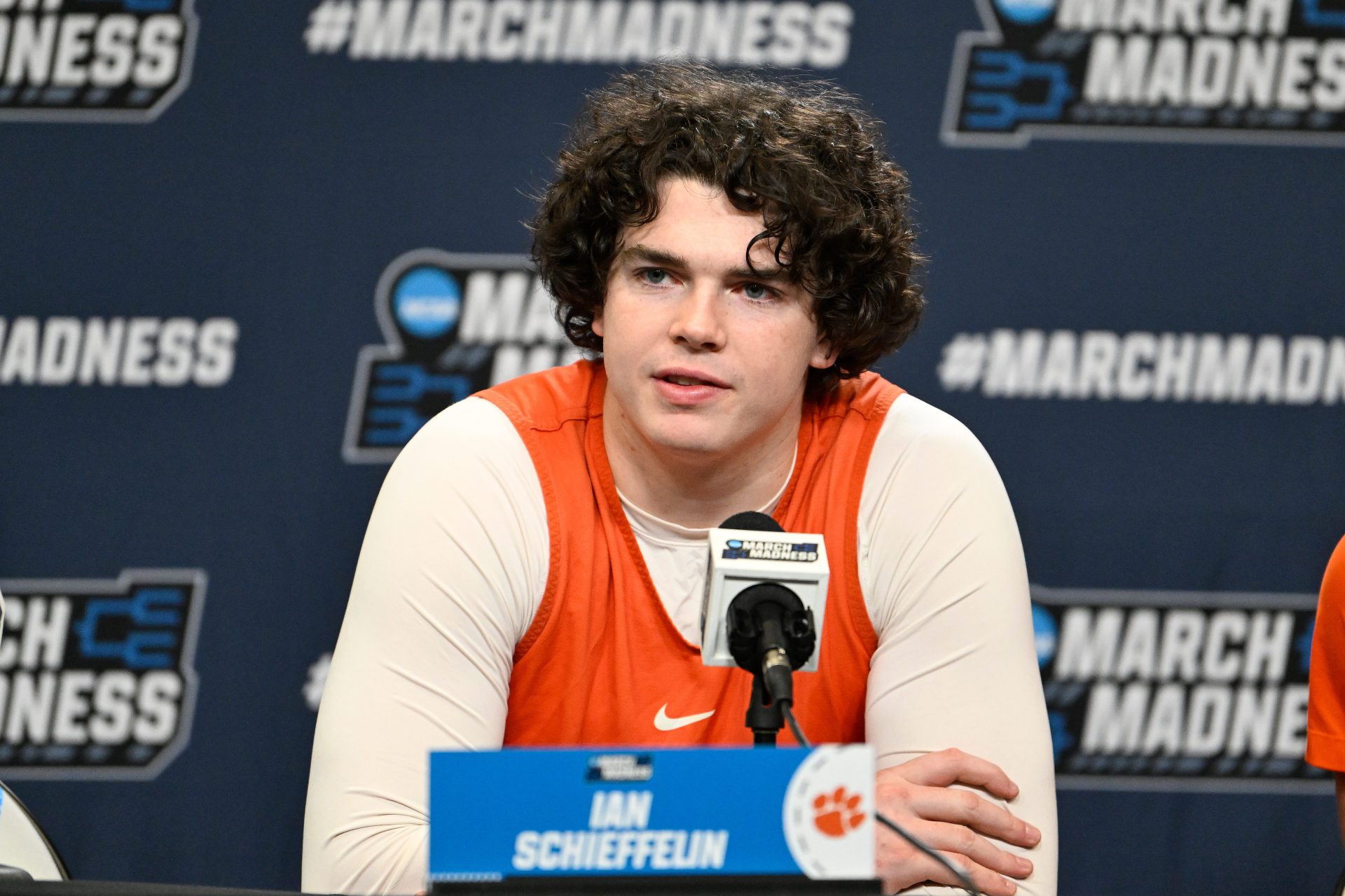 Clemson Tigers forward Ian Schieffelin (4) speaks to the media during a press conference at Amica Mutual Pavilion.