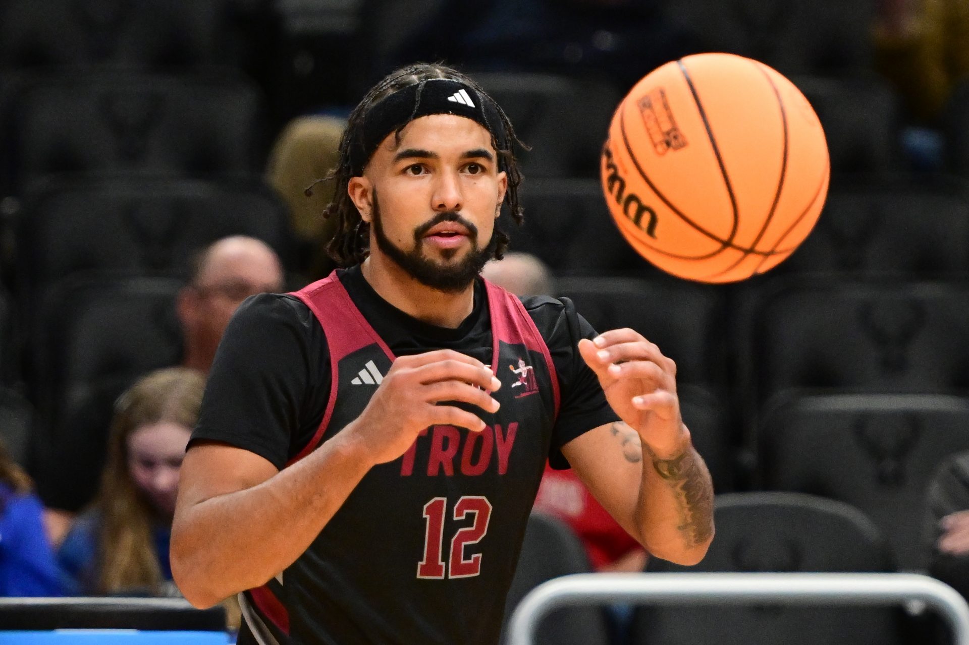 Troy Trojans guard Tayton Conerway (12) works out during NCAA Tournament First Round Practice at Fiserv Forum.