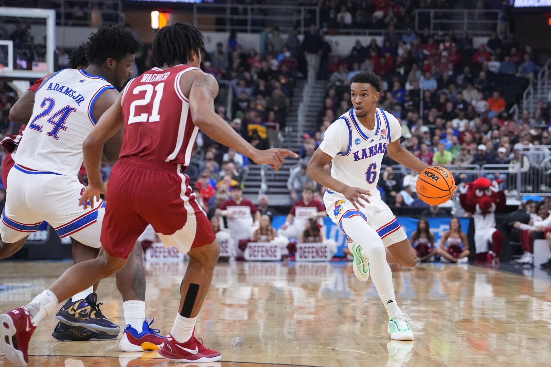 Kansas Jayhawks guard Rylan Griffen (6) drives to the basket during the second half against Arkansas Razorbacks at Amica Mutual Pavilion.