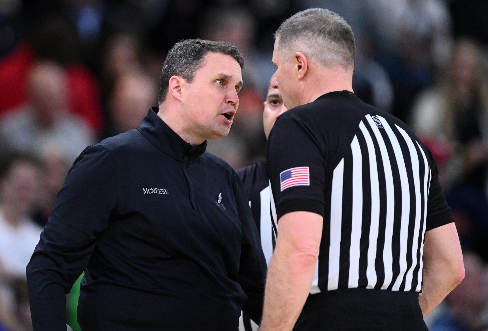 McNeese State Cowboys head coach Will Wade talks to an official during the second half of a second round men’s NCAA Tournament game against the Purdue Boilermakers at Amica Mutual Pavilion.