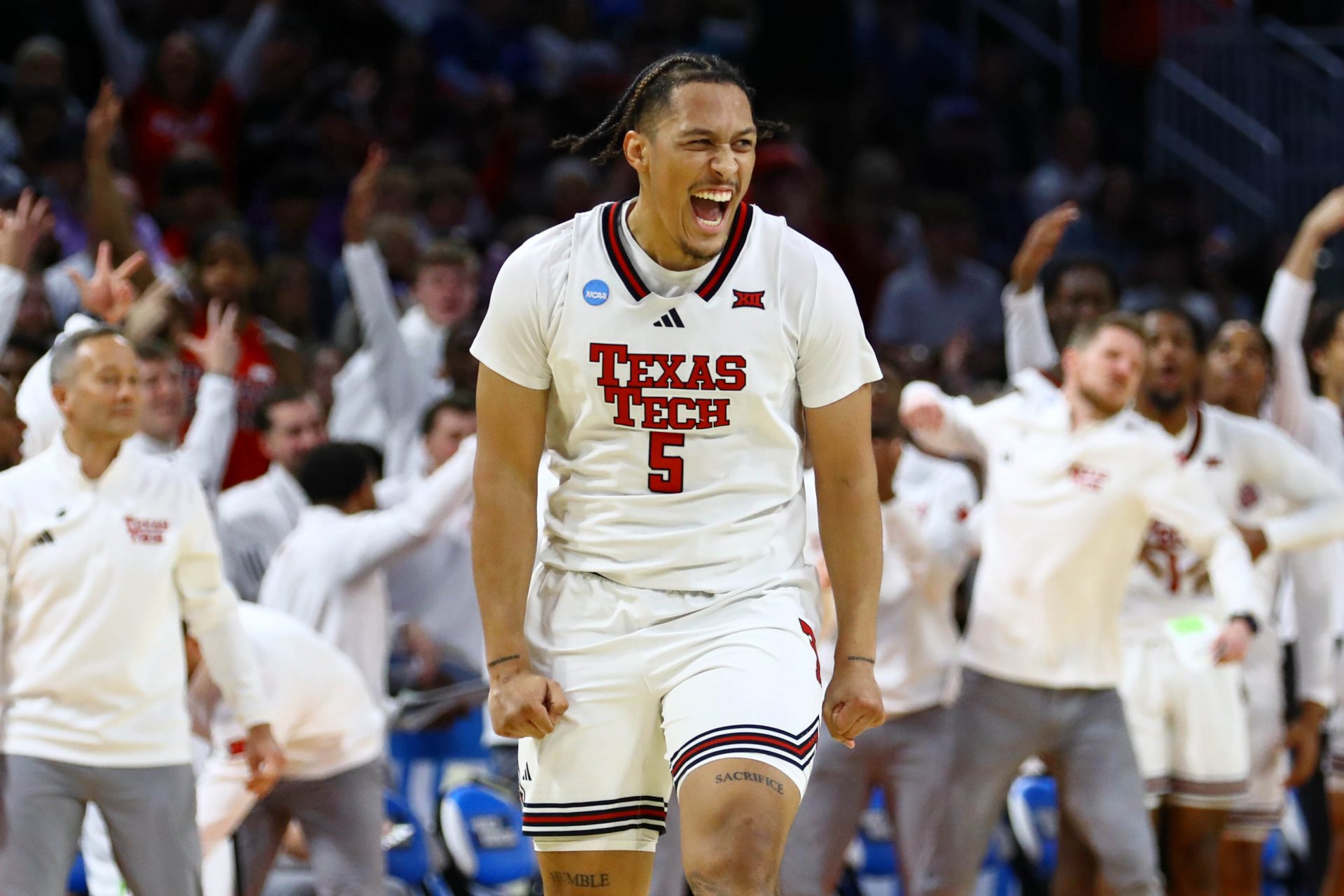Texas Tech Red Raiders forward Darrion Williams (5) reacts after a play against the Drake Bulldogs during the second half at Intrust Bank Arena.