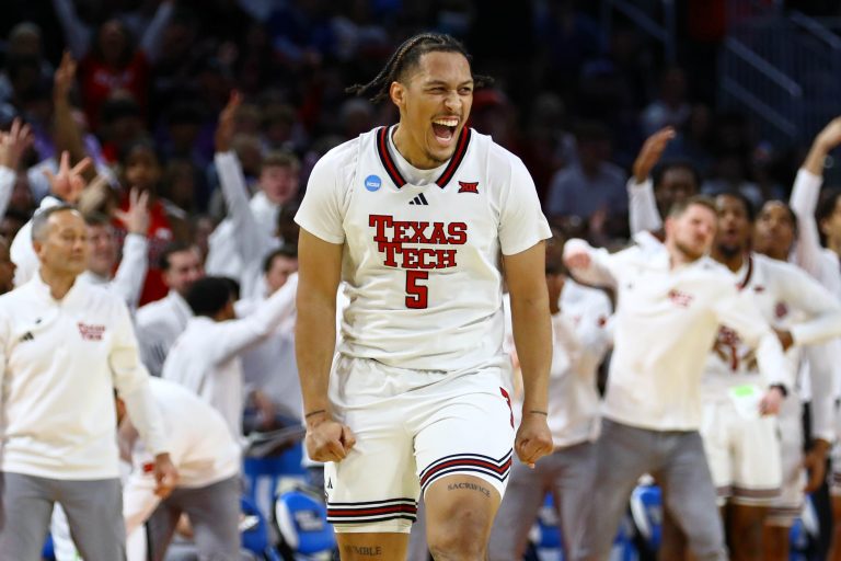 Texas Tech Red Raiders forward Darrion Williams (5) reacts after a play against the Drake Bulldogs during the second half at Intrust Bank Arena.