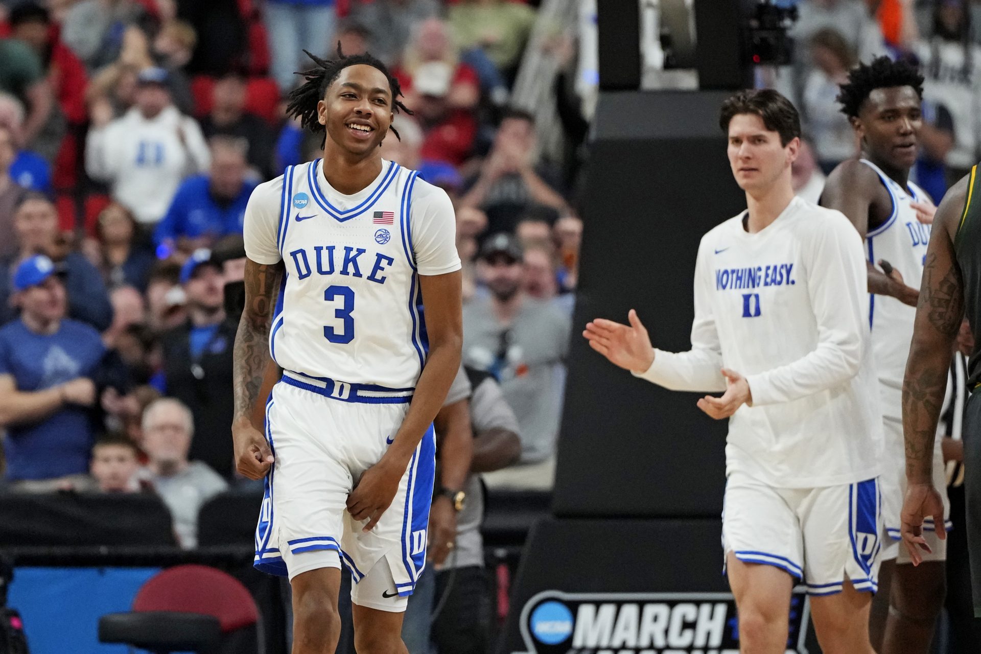 Duke Blue Devils guard Isaiah Evans (3) celebrates after a play during the second half against the Baylor Bears in the second round of the NCAA Tournament at Lenovo Center.