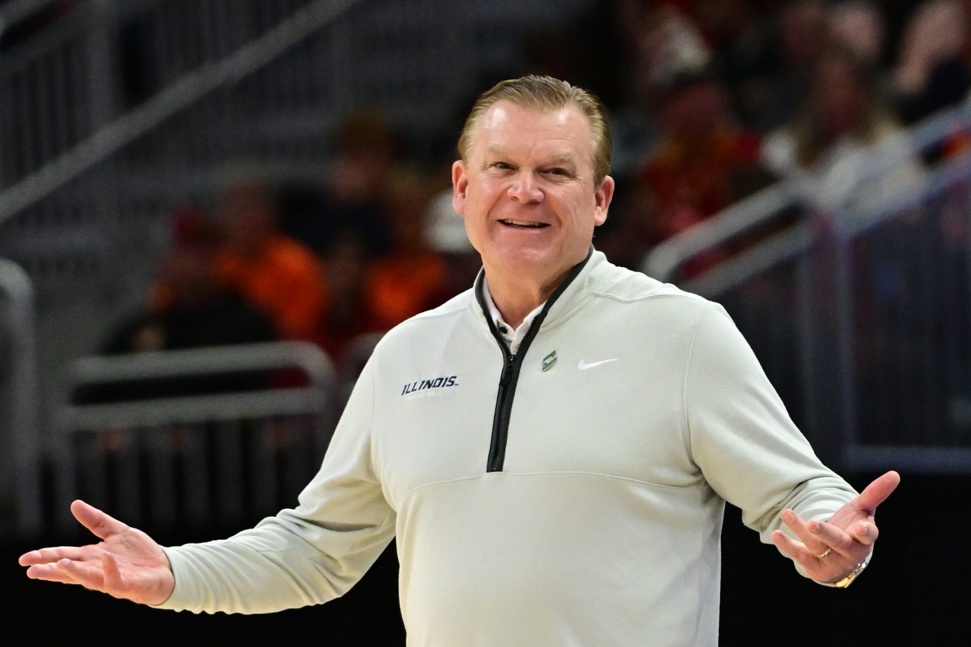 Illinois Fighting Illini head coach Brad Underwood reacts during the second half in the second round of the NCAA Tournament against the Kentucky Wildcats at Fiserv Forum.