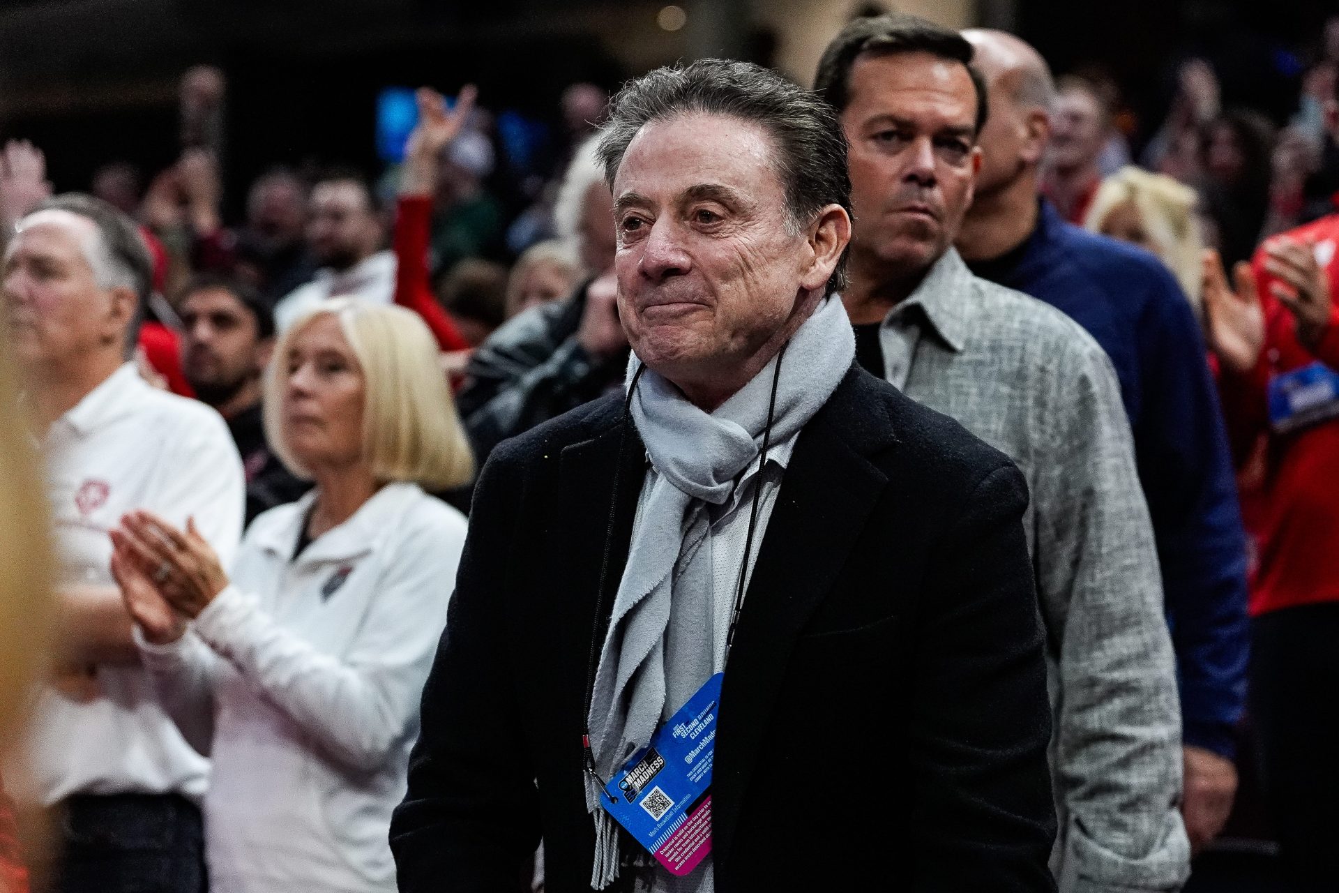 St. John’s head coach Rick Pitino joins New Mexico fans during the first half of the Second Round of NCAA tournament against Michigan State at Rocket Arena in Cleveland, Ohio on Sunday, March 23, 2025.