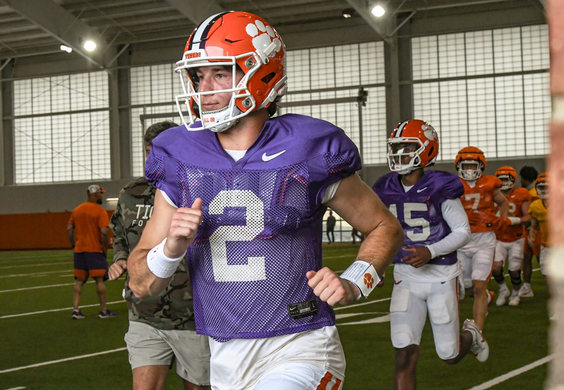 Clemson quarterback Cade Klubnik (2) enters the field outside of the Poe Indoor Facility during Spring Practice in Clemson, S.C. Monday, March 24, 2025.