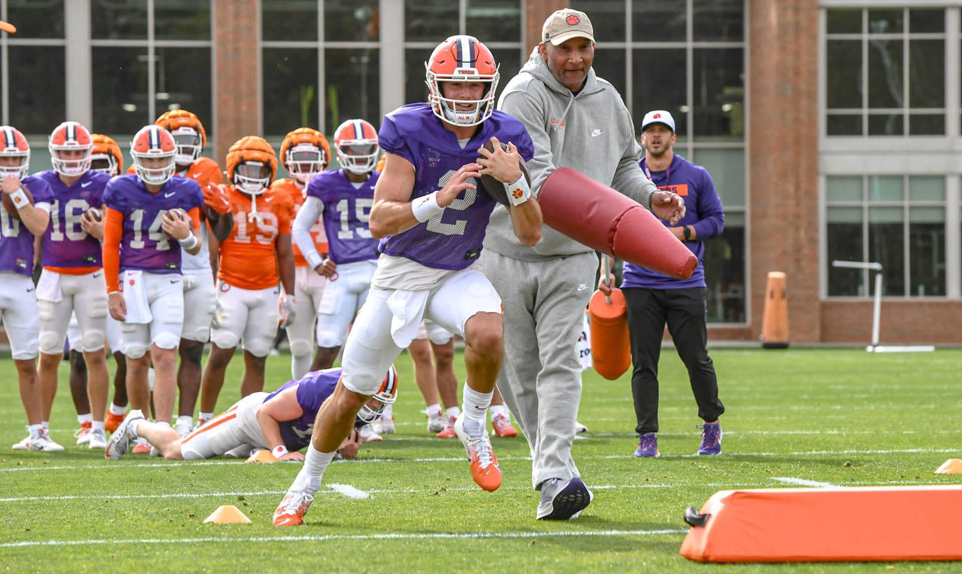 Clemson quarterback Cade Klubnik (2) runs in an obstacle drill during Spring Practice in Clemson, S.C. Monday, March 24, 2025.