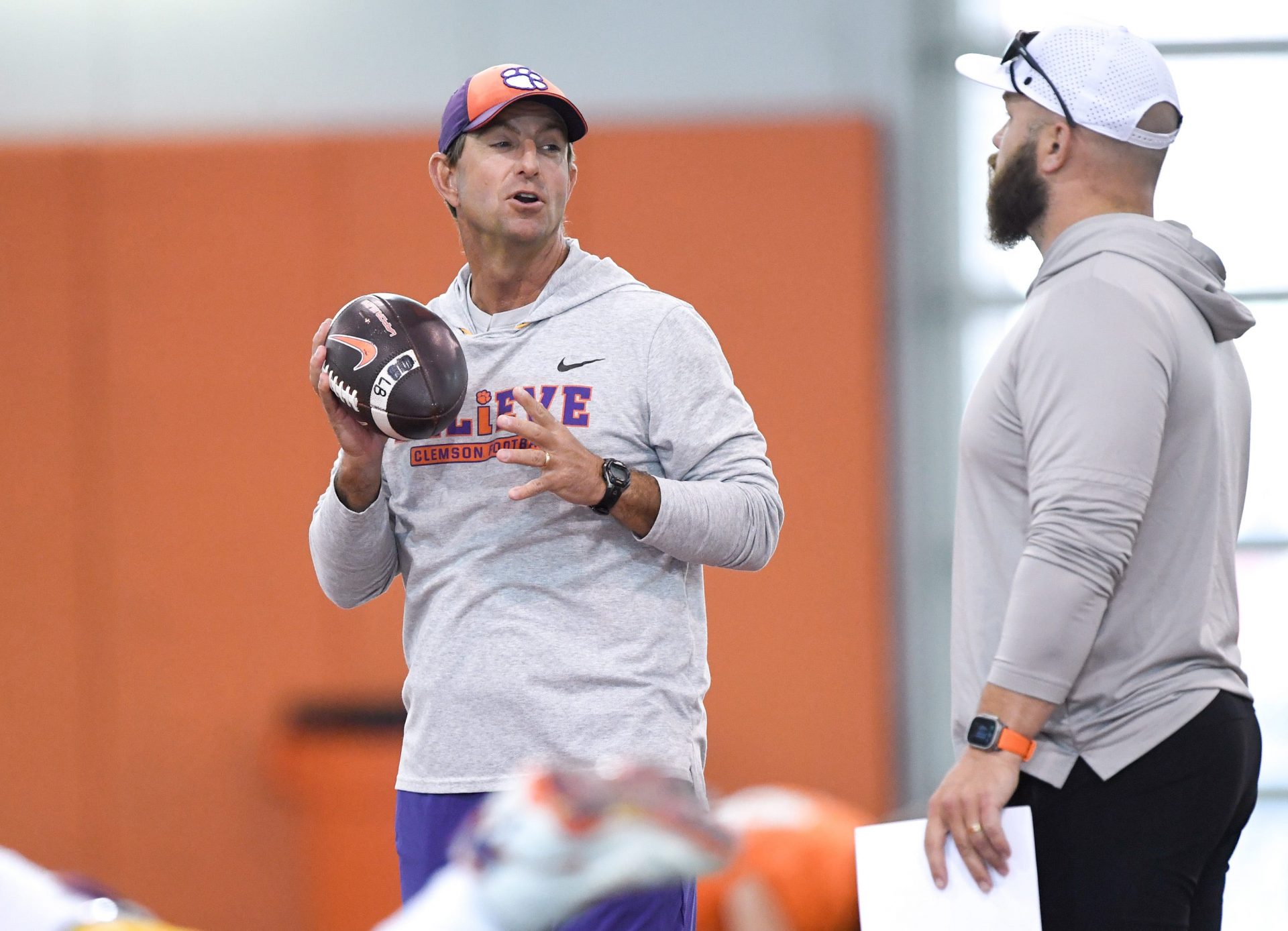 Clemson head coach Dabo Swinney talks with Clemson linebackers coach Ben Boulware during Spring Practice in Clemson, S.C. Monday, March 24, 2025.