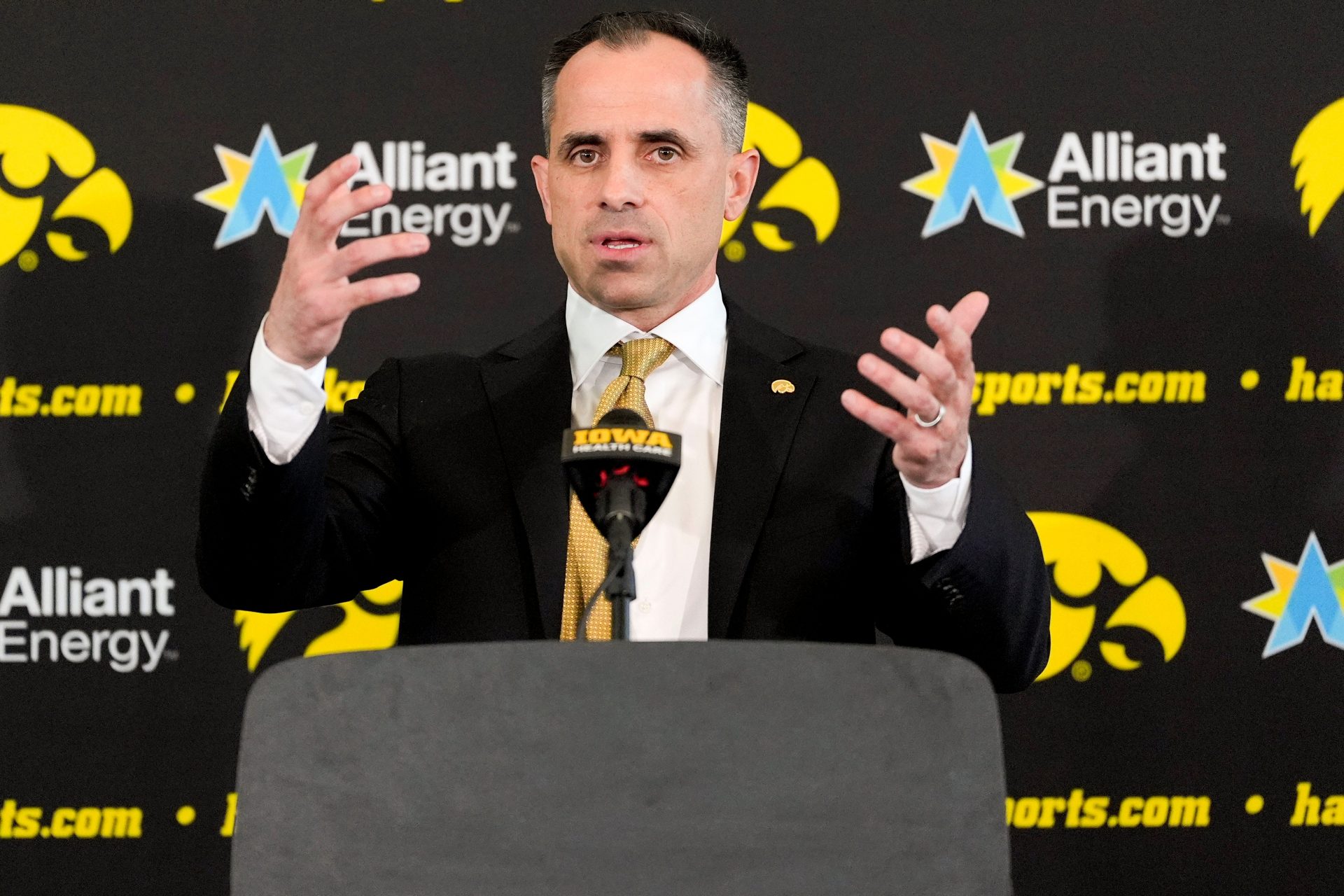 Ben McCollum, Iowa's new head men's basketball coach, speaks during his introductory press conference Tuesday, March 25, 2025 at Carver-Hawkeye Arena in Iowa City, Iowa.