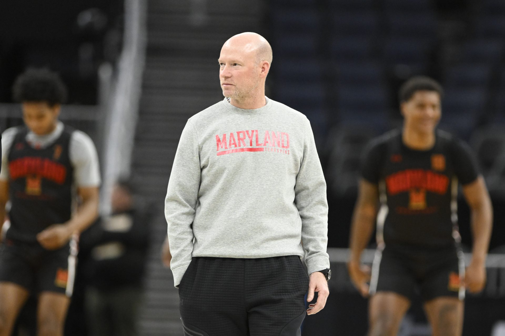 Maryland Terrapins head coach Kevin Willard watches during NCAA Tournament West Regional Practice at Chase Center.