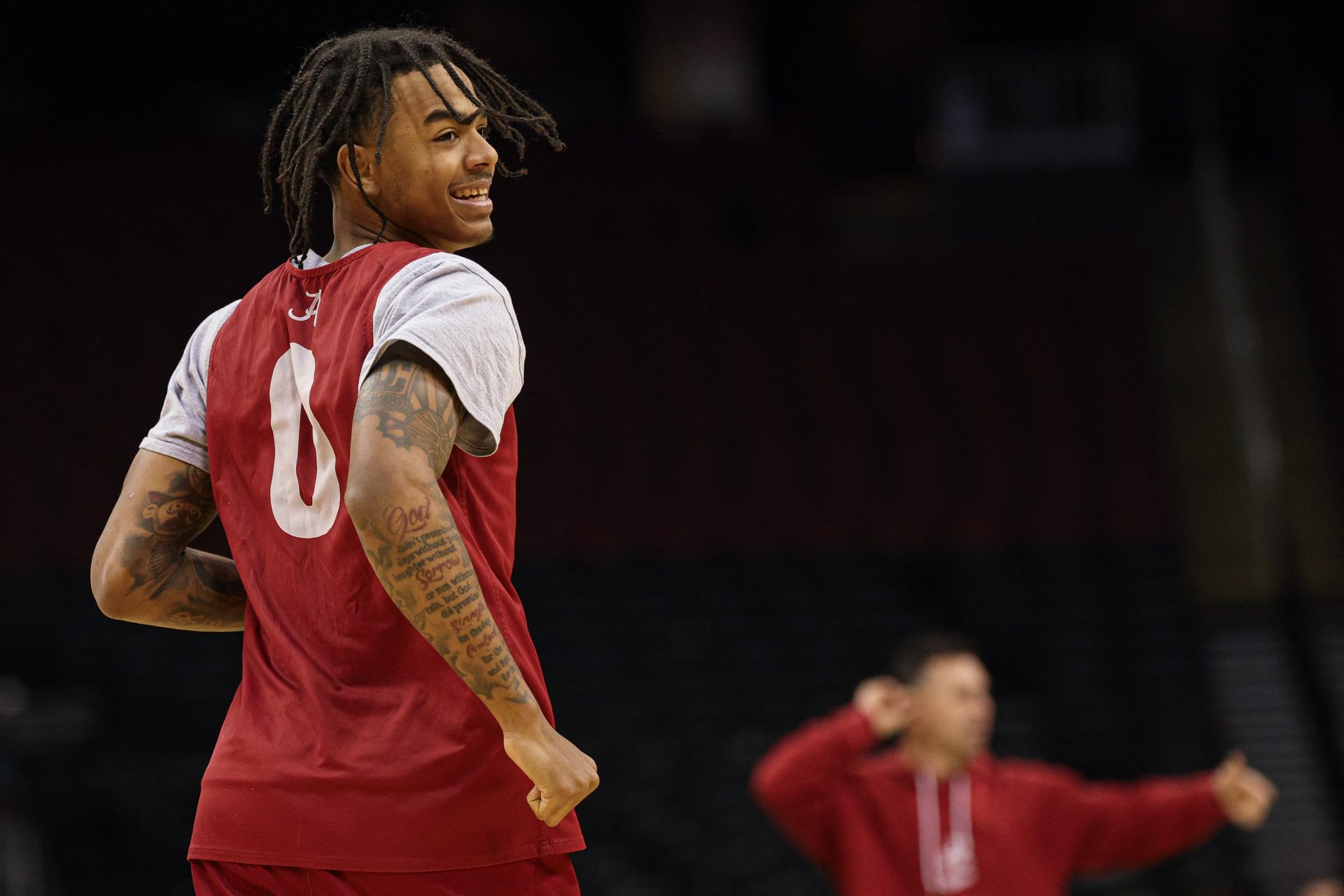 Alabama Crimson Tide guard Labaron Philon (0) warms up during a practice session in preparation for an East Regional semifinal game against the Brigham Young Cougars at Prudential Center.