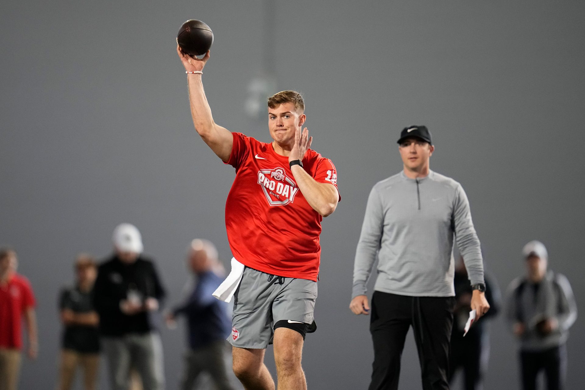 Ohio State Buckeyes quarterback Will Howard throws during the pro day for NFL scouts at the Woody Hayes Athletic Cente on March 26, 2025.