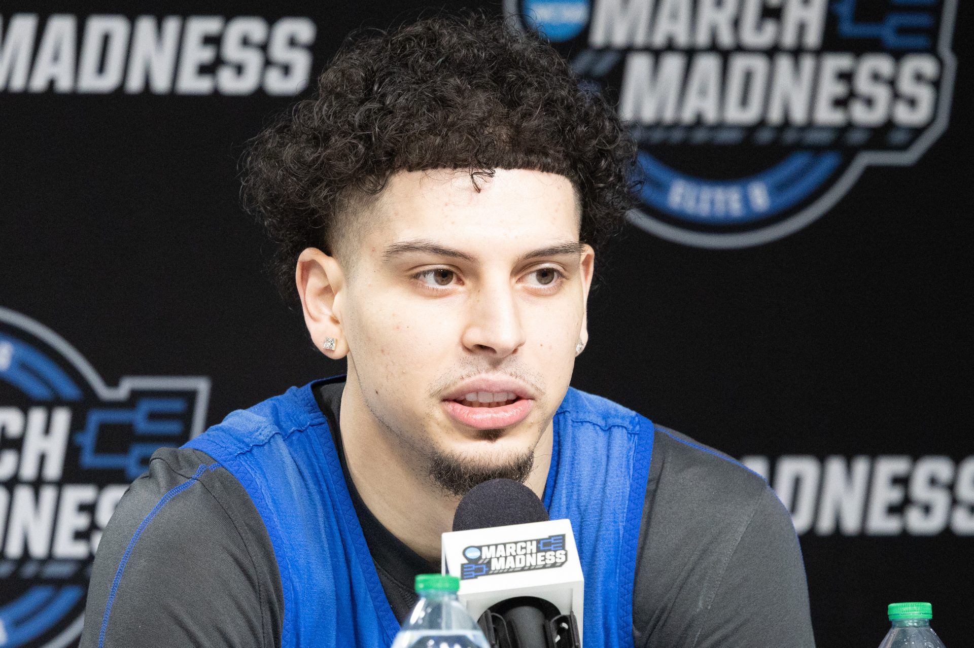 Kentucky Wildcats guard Koby Brea (4) talks to the media during practice day at Lucas Oil Stadium.