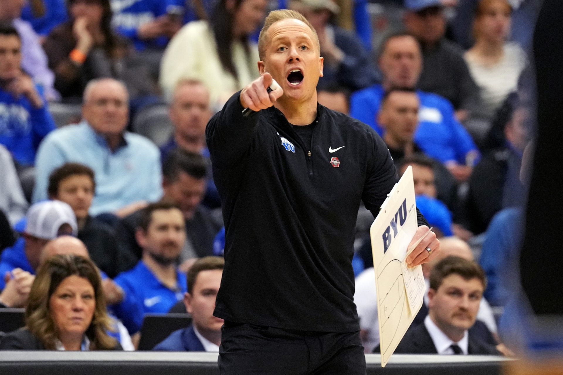 Brigham Young Cougars head coach Kevin Young calls to his team during the first half against the Alabama Crimson Tide during an East Regional semifinal of the 2025 NCAA tournament at Prudential Center.
