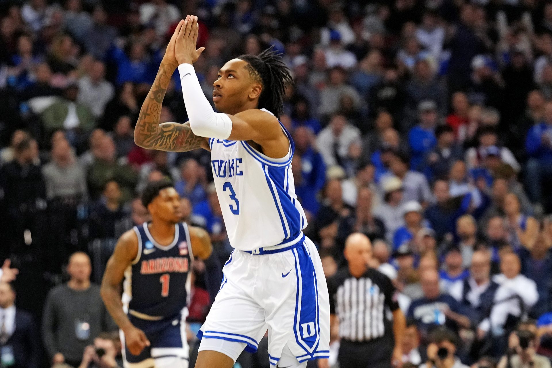 Duke Blue Devils guard Isaiah Evans (3) reacts after a play during the first half against the Arizona Wildcats during an East Regional semifinal of the 2025 NCAA tournament at Prudential Center.
