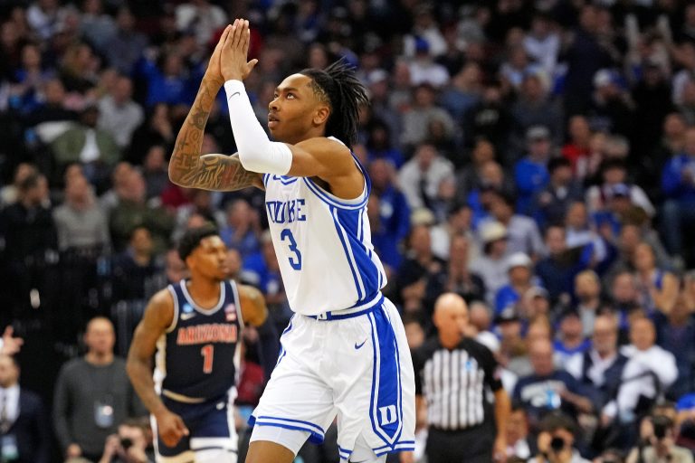Duke Blue Devils guard Isaiah Evans (3) reacts after a play during the first half against the Arizona Wildcats during an East Regional semifinal of the 2025 NCAA tournament at Prudential Center.