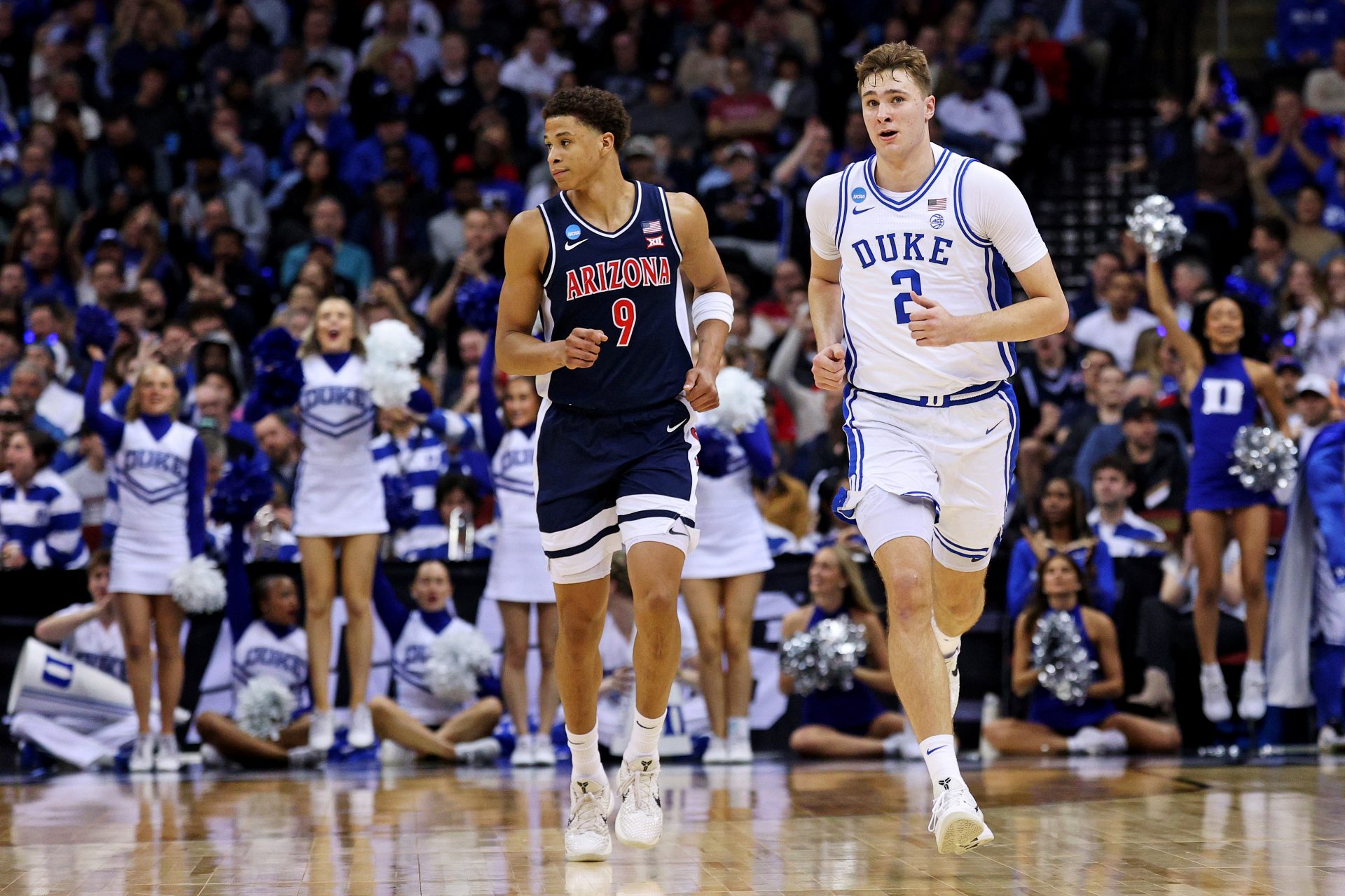 Duke Blue Devils forward Cooper Flagg (2) reacts after a play against Arizona Wildcats forward Carter Bryant (9) during the second half during an East Regional semifinal of the 2025 NCAA tournament at Prudential Center.