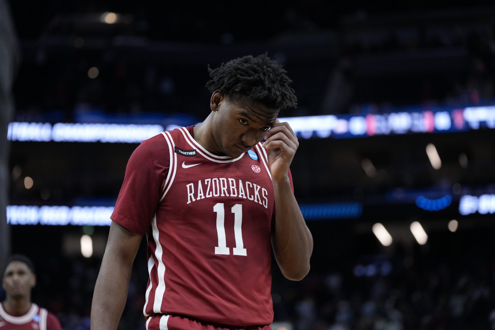 Arkansas Razorbacks forward Karter Knox (11) reacts after losing to the Texas Tech Red Raiders during overtime during a West Regional semifinal of the 2025 NCAA tournament at Chase Center.